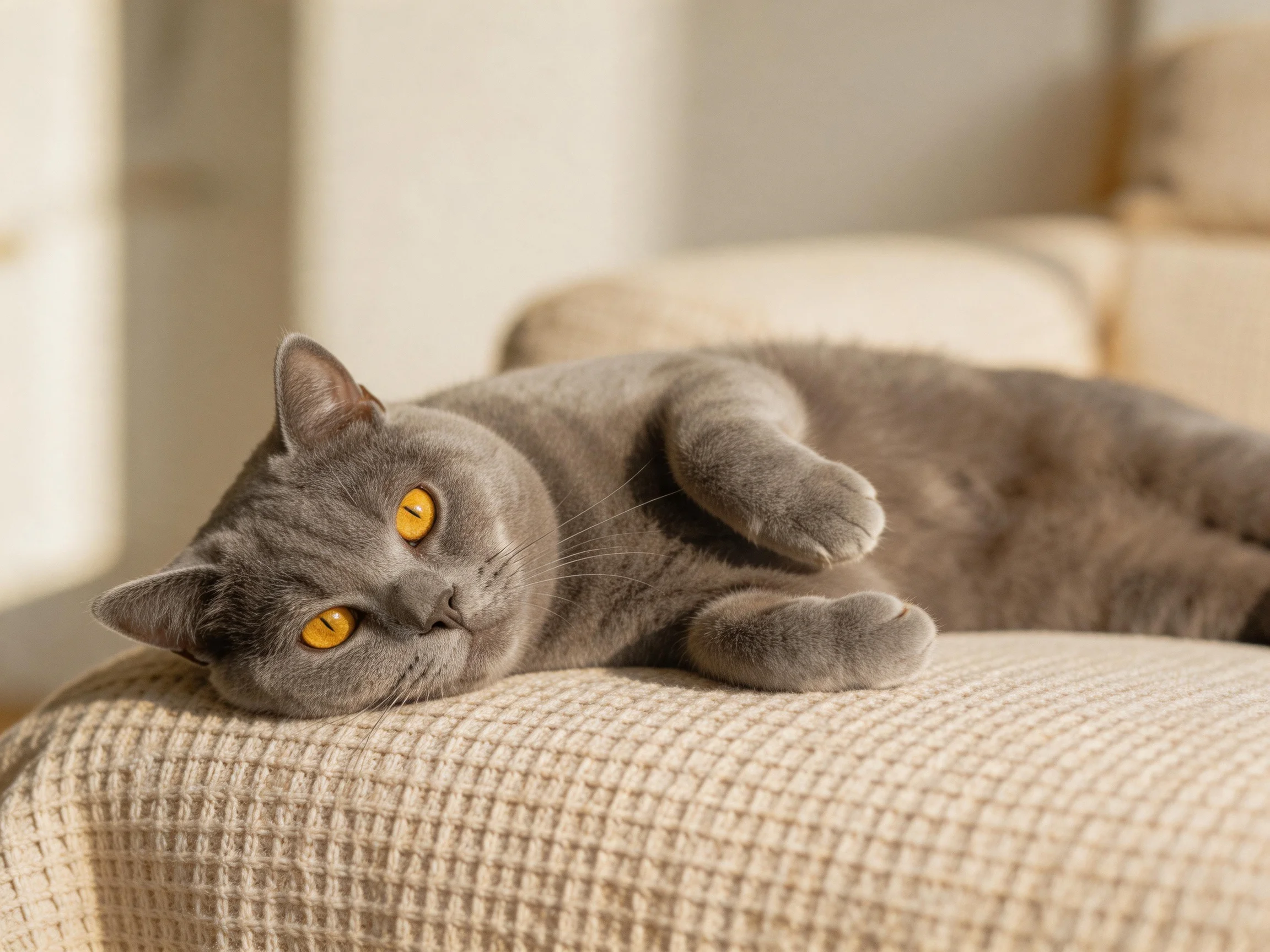 A gray cat with yellow eyes lounges on a beige surface.