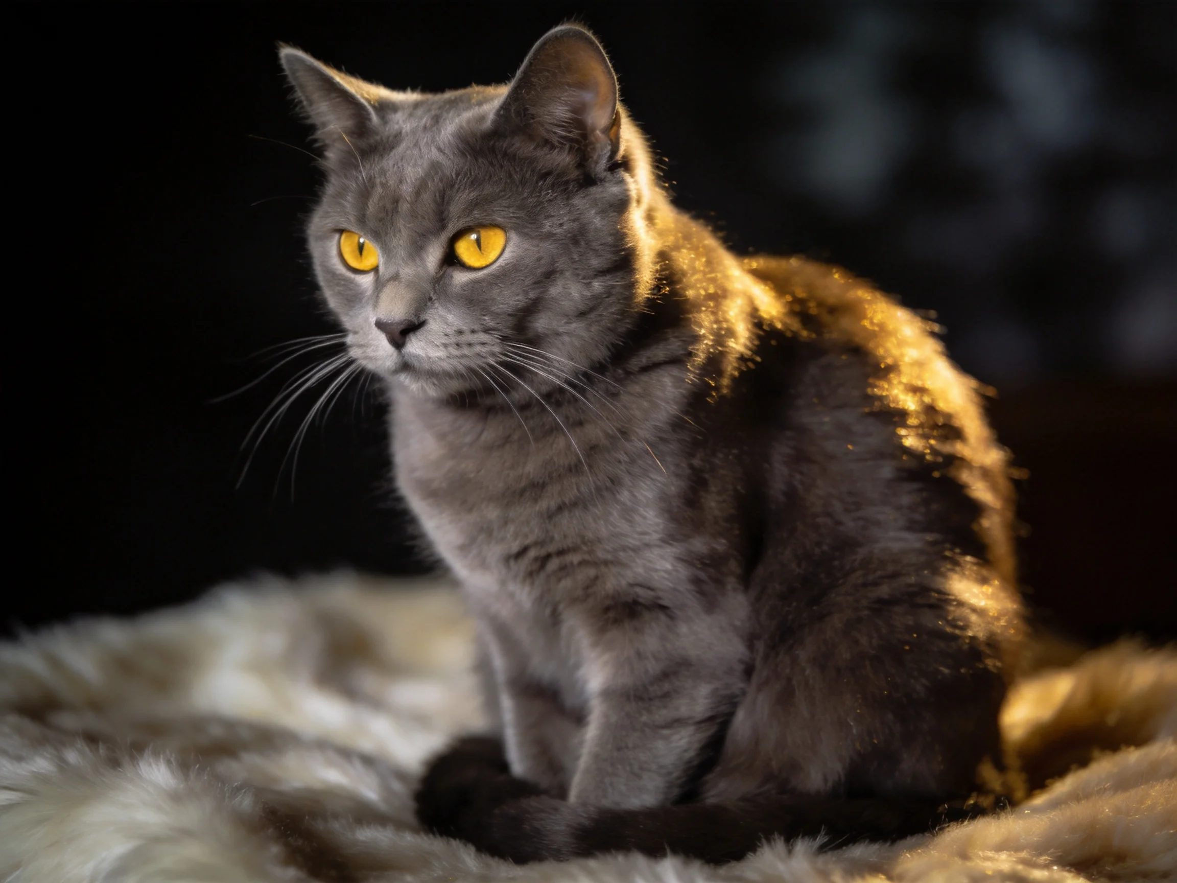 A gray cat with yellow eyes sits calmly on a soft rug in a dark setting.