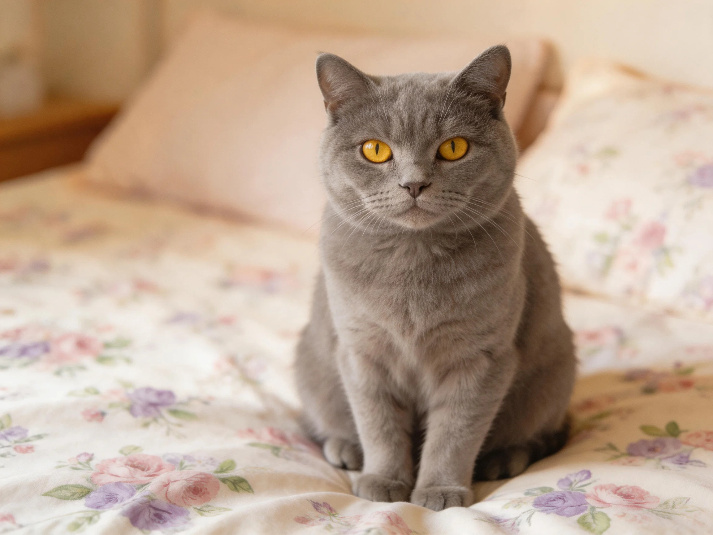 A gray cat with yellow eyes sits on a floral bed