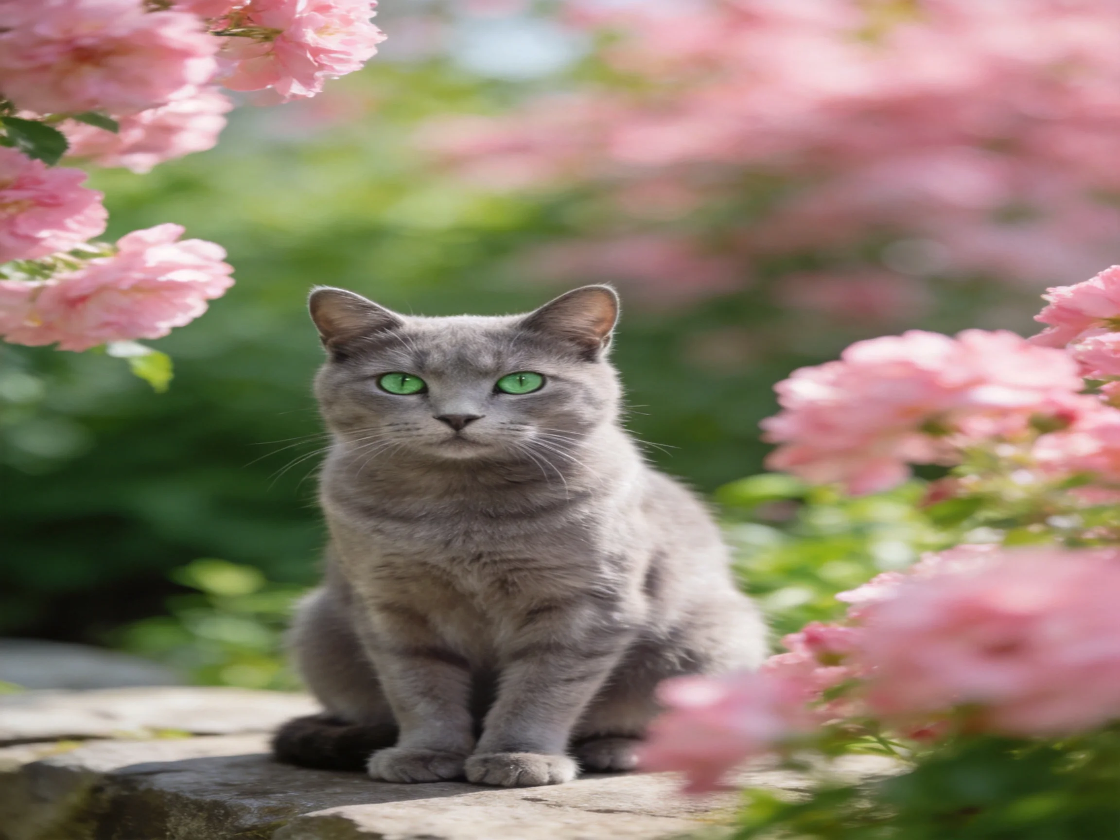 Gray cat with green eyes sits near pink flowers in a sunny garden.