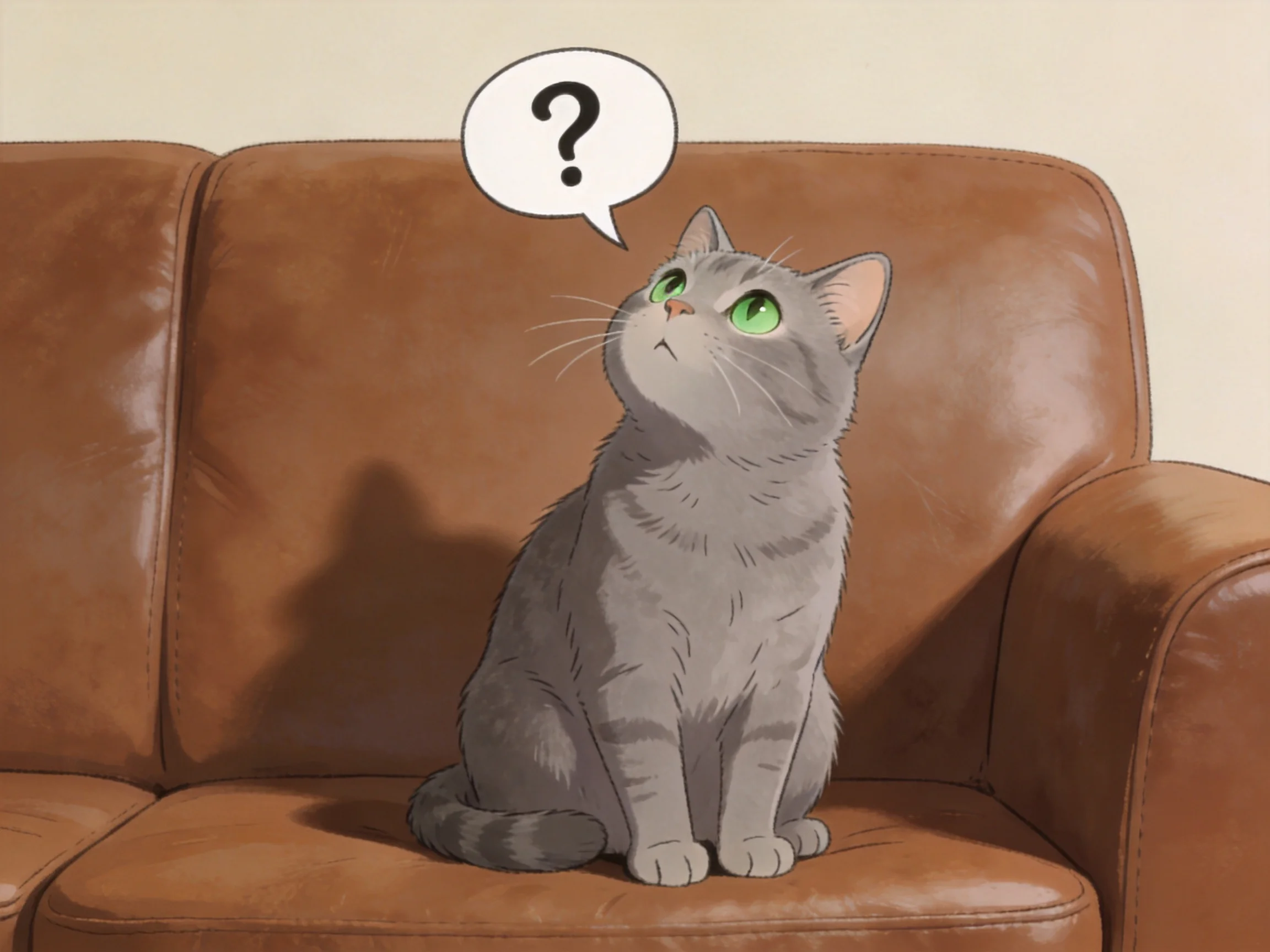 A gray cat sits on a brown couch, appearing confused with a question mark.