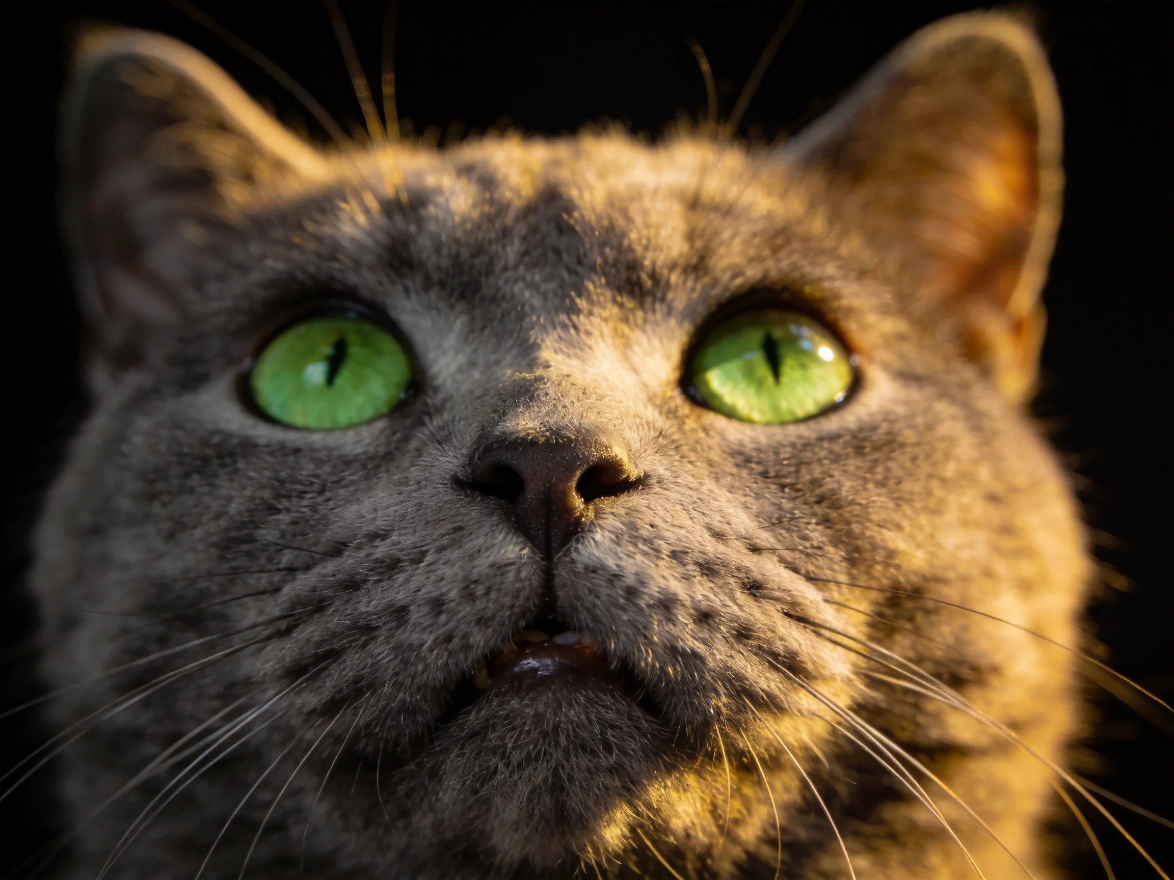 Gray cat with vivid green eyes, warm light close - up