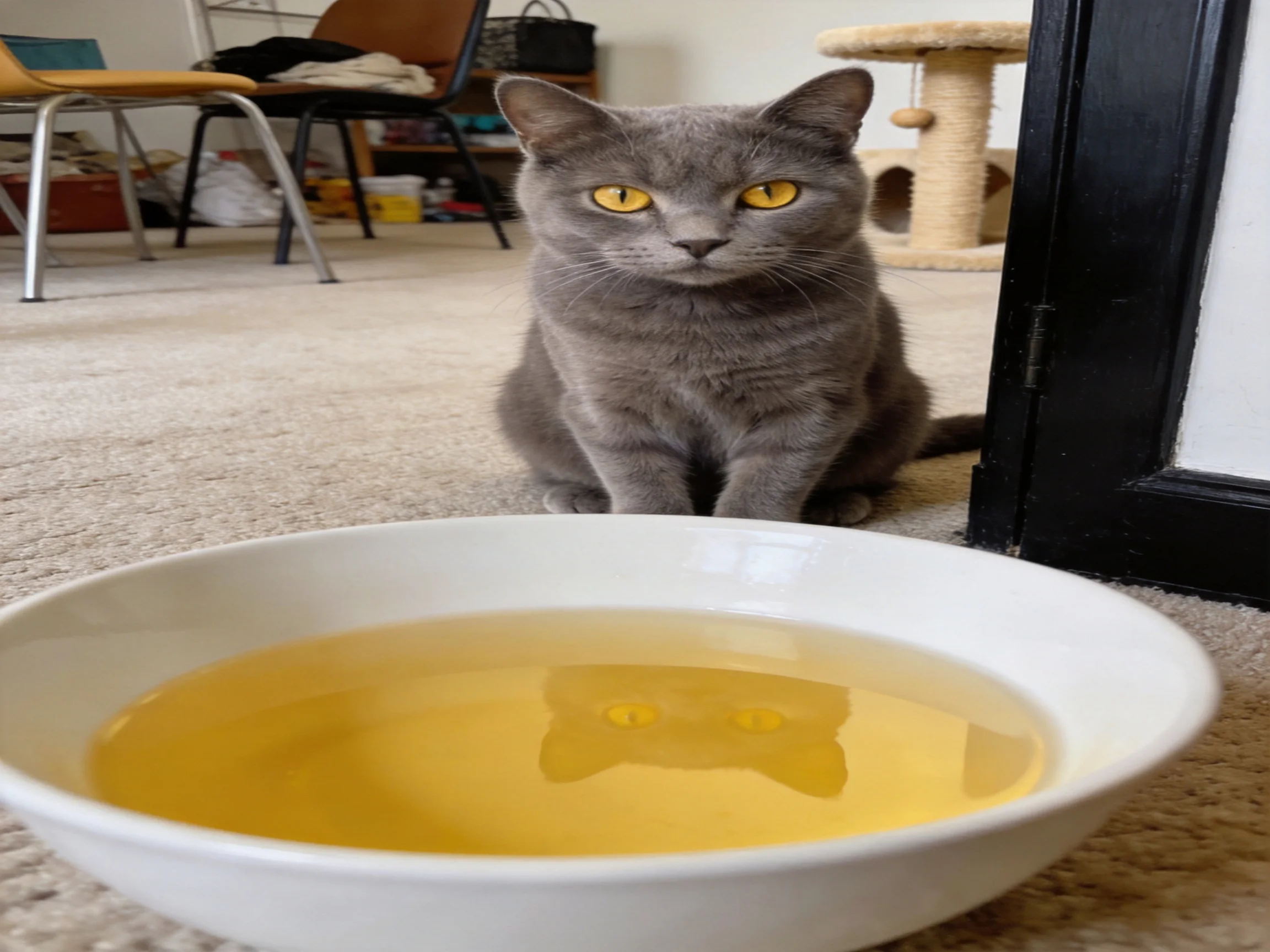 A gray cat sits beside a bowl of golden liquid in a home setting.