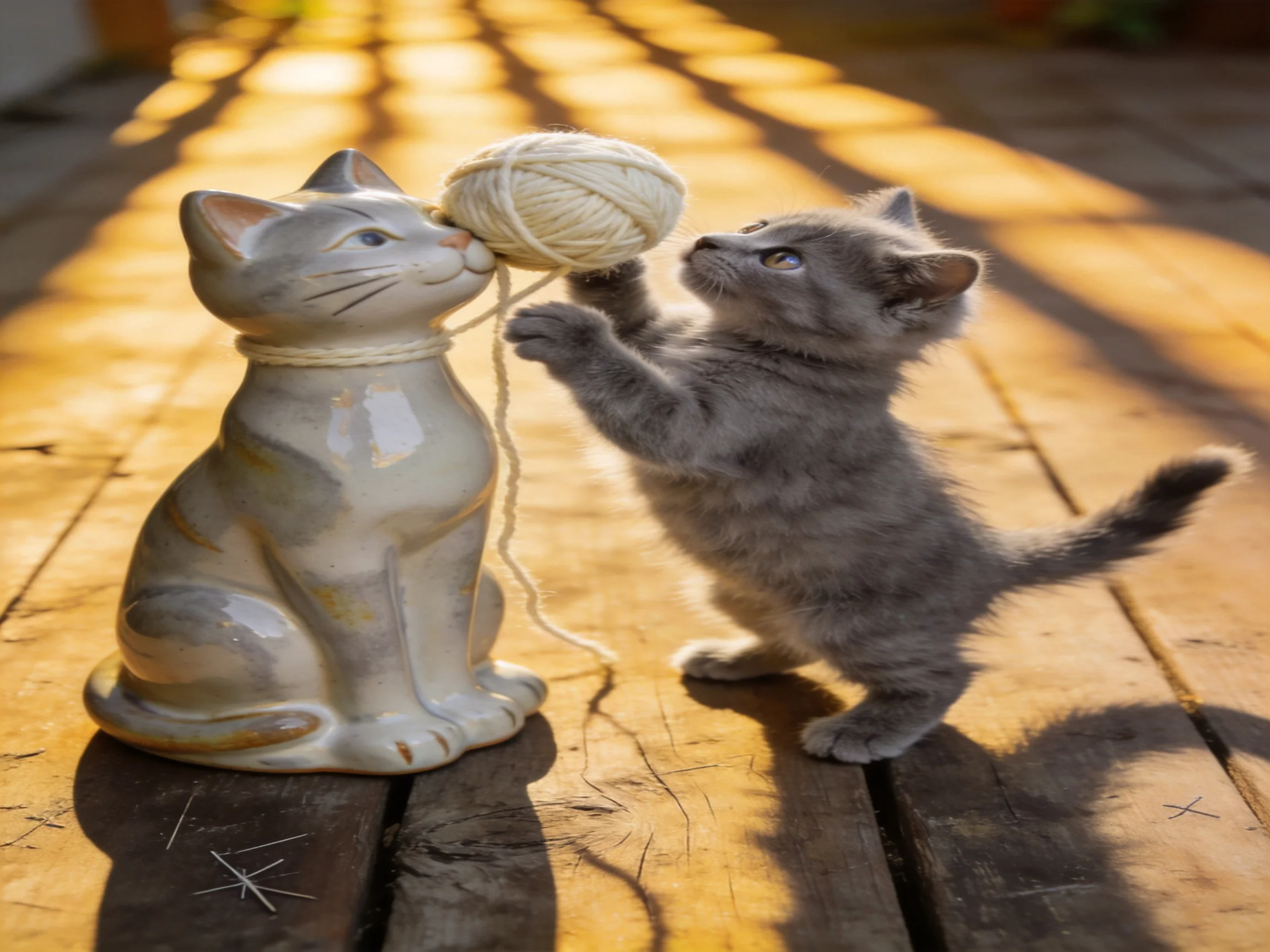 Gray kitten plays with ceramic cat and yarn on wooden deck