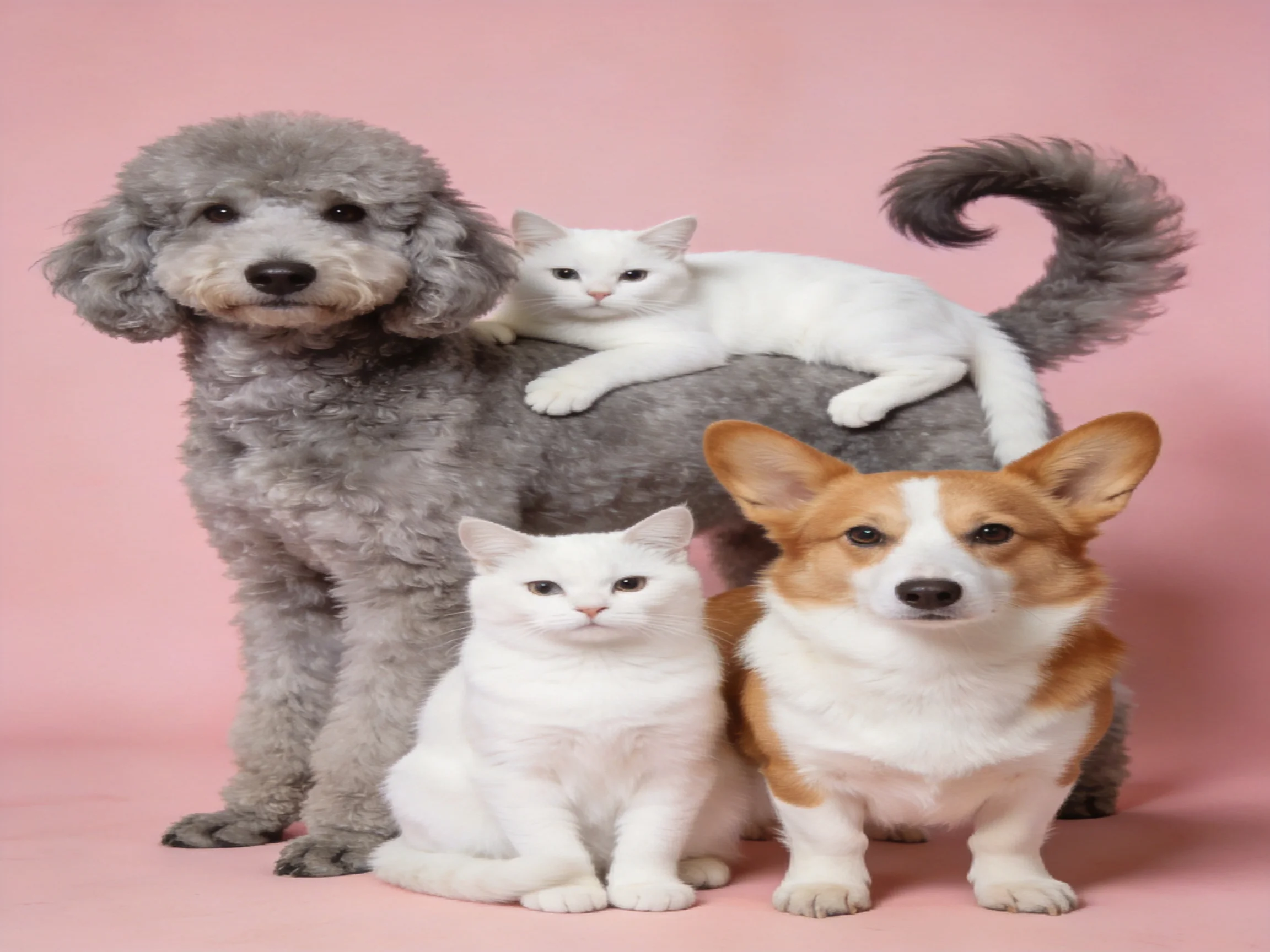 Gray poodle, corgi, and two white cats gathered on a pink backdrop