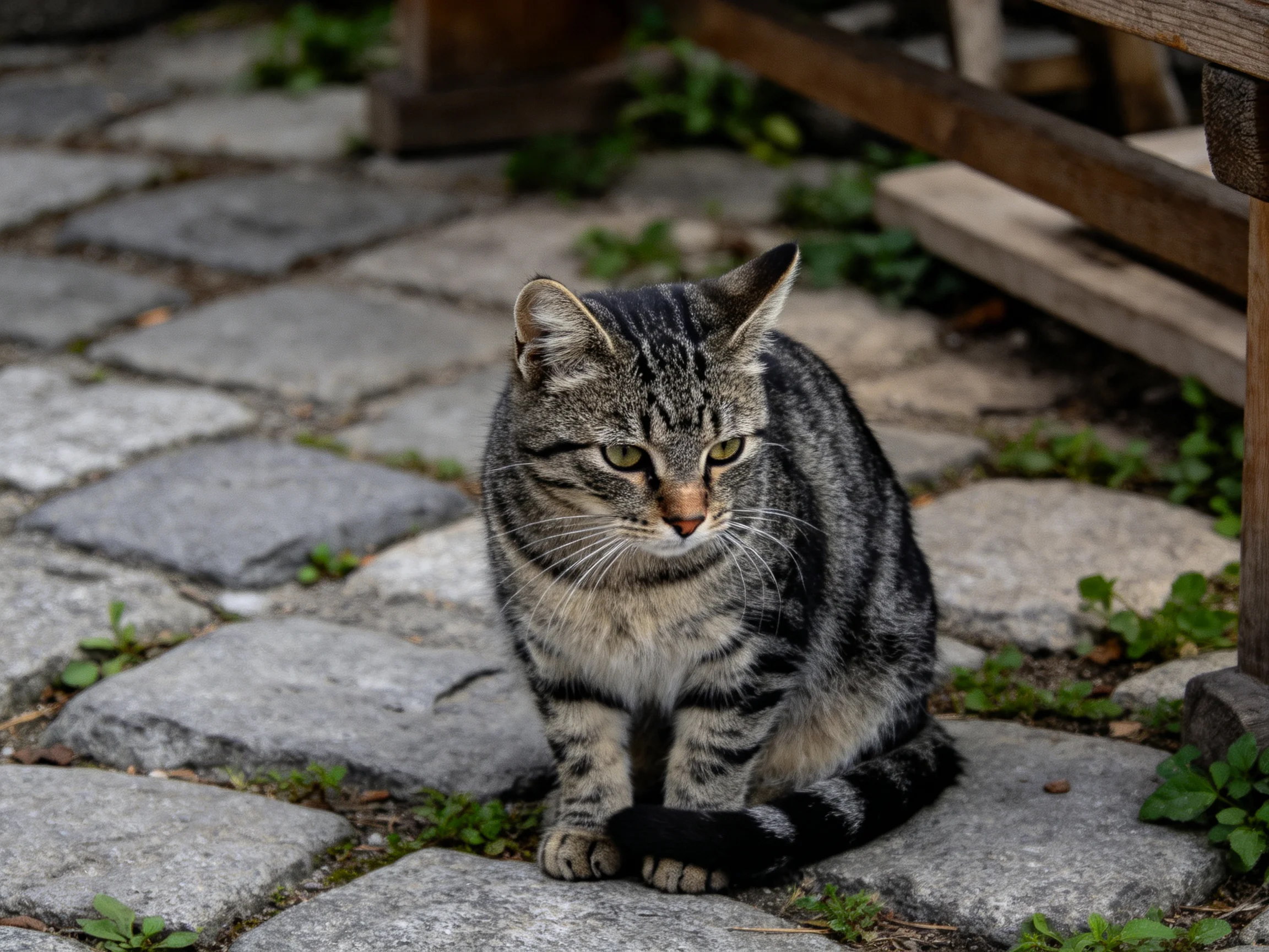 Gray striped cat on cobblestone patio near wooden structures