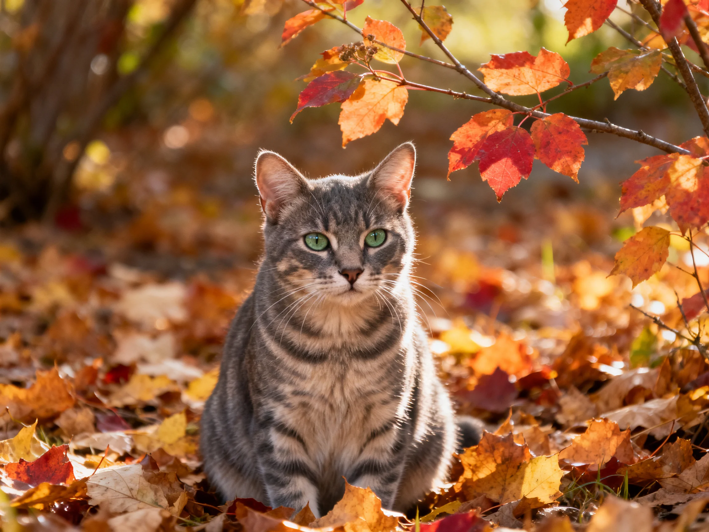 A gray tabby cat sits calmly among autumn leaves in a sunlit area.
