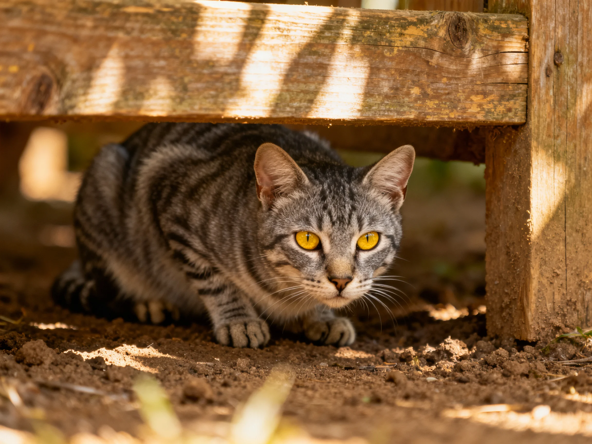 Gray tabby cat hides under weathered wooden planks