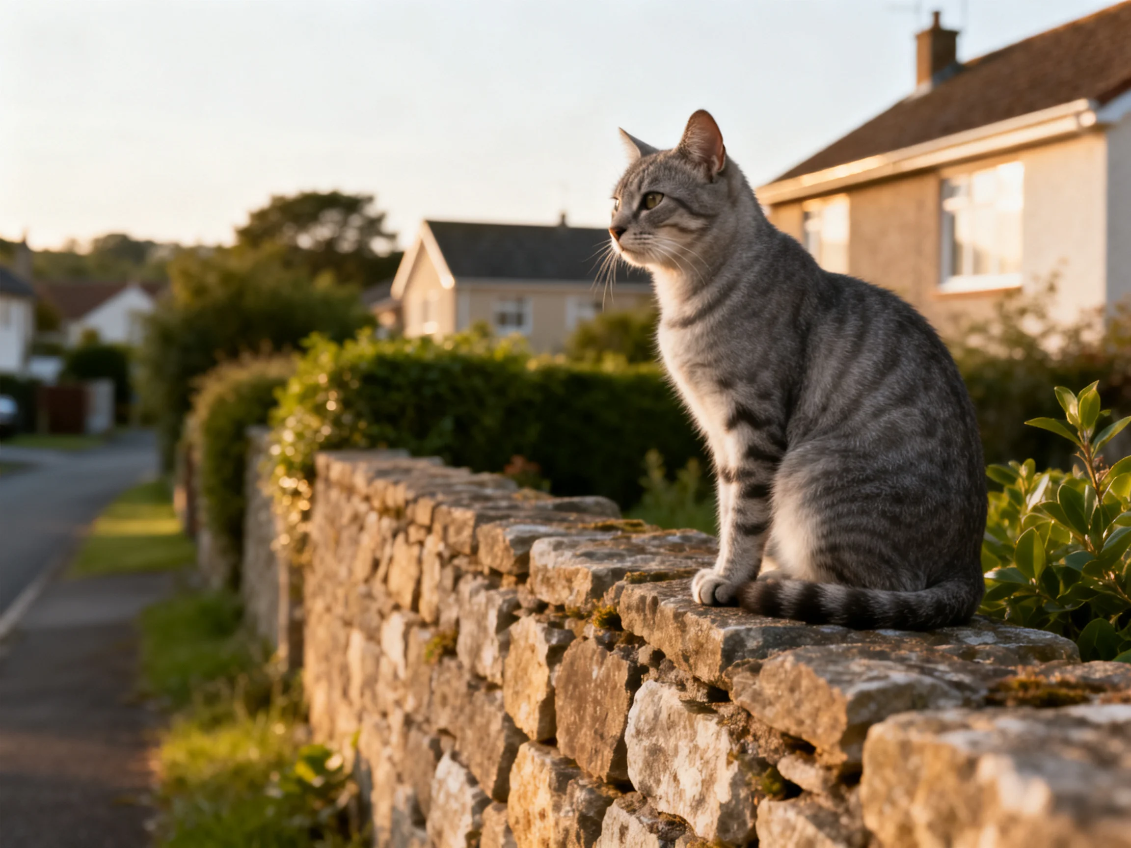 Gray tabby cat on aged stone wall near suburban homes