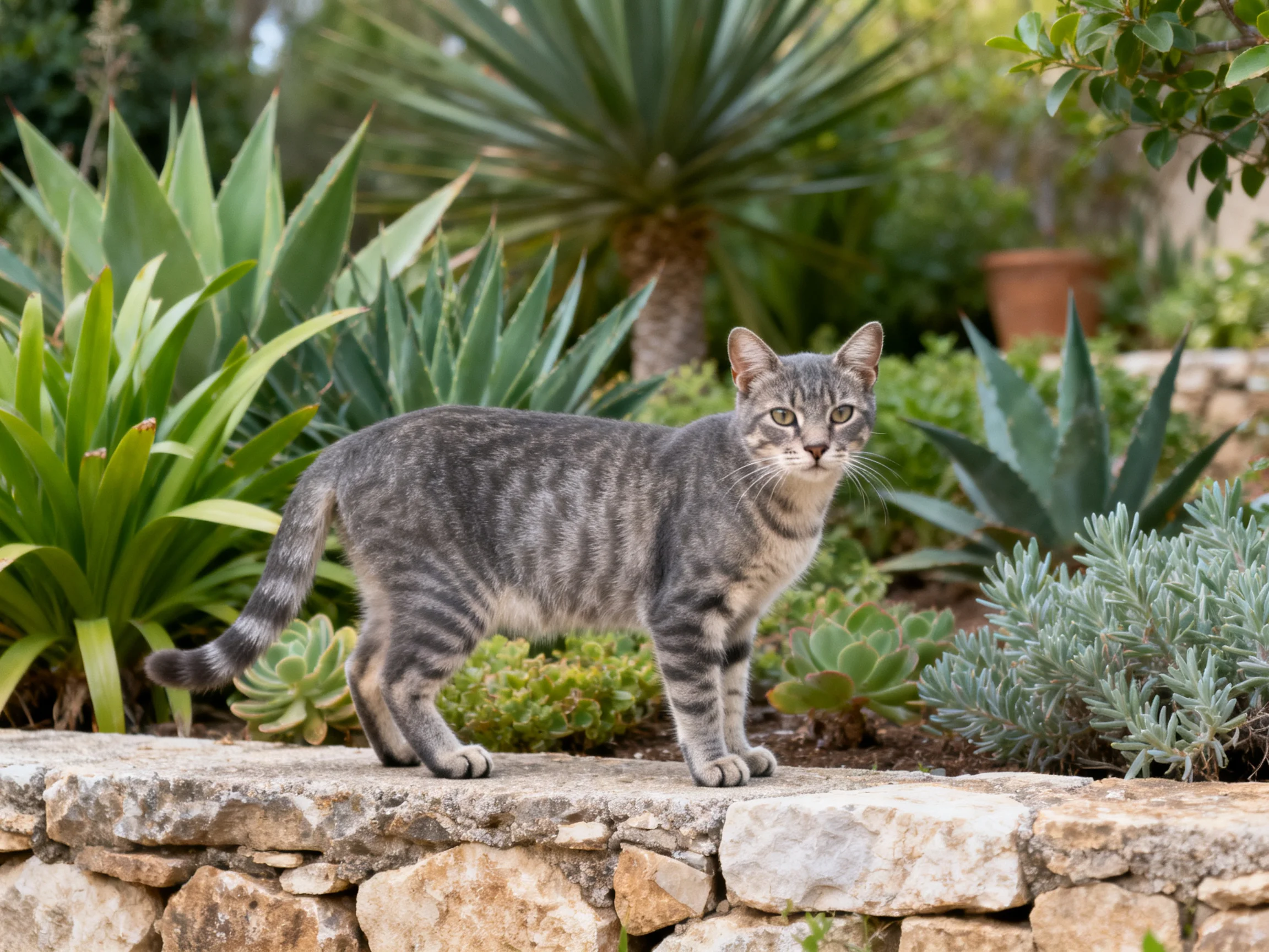 Gray tabby cat on stone wall among diverse green plants
