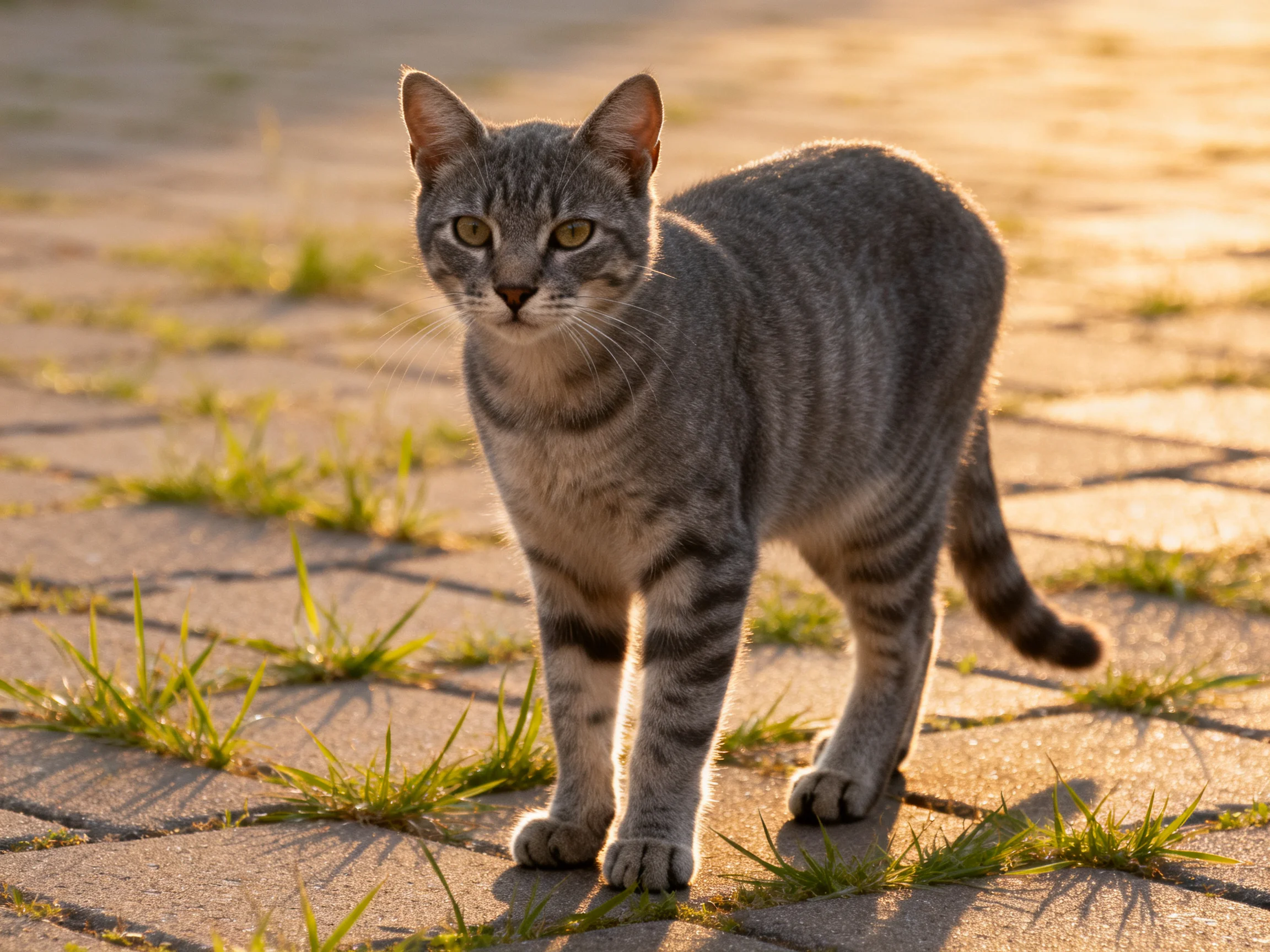 Gray tabby cat on sunlit paved ground with grass patches