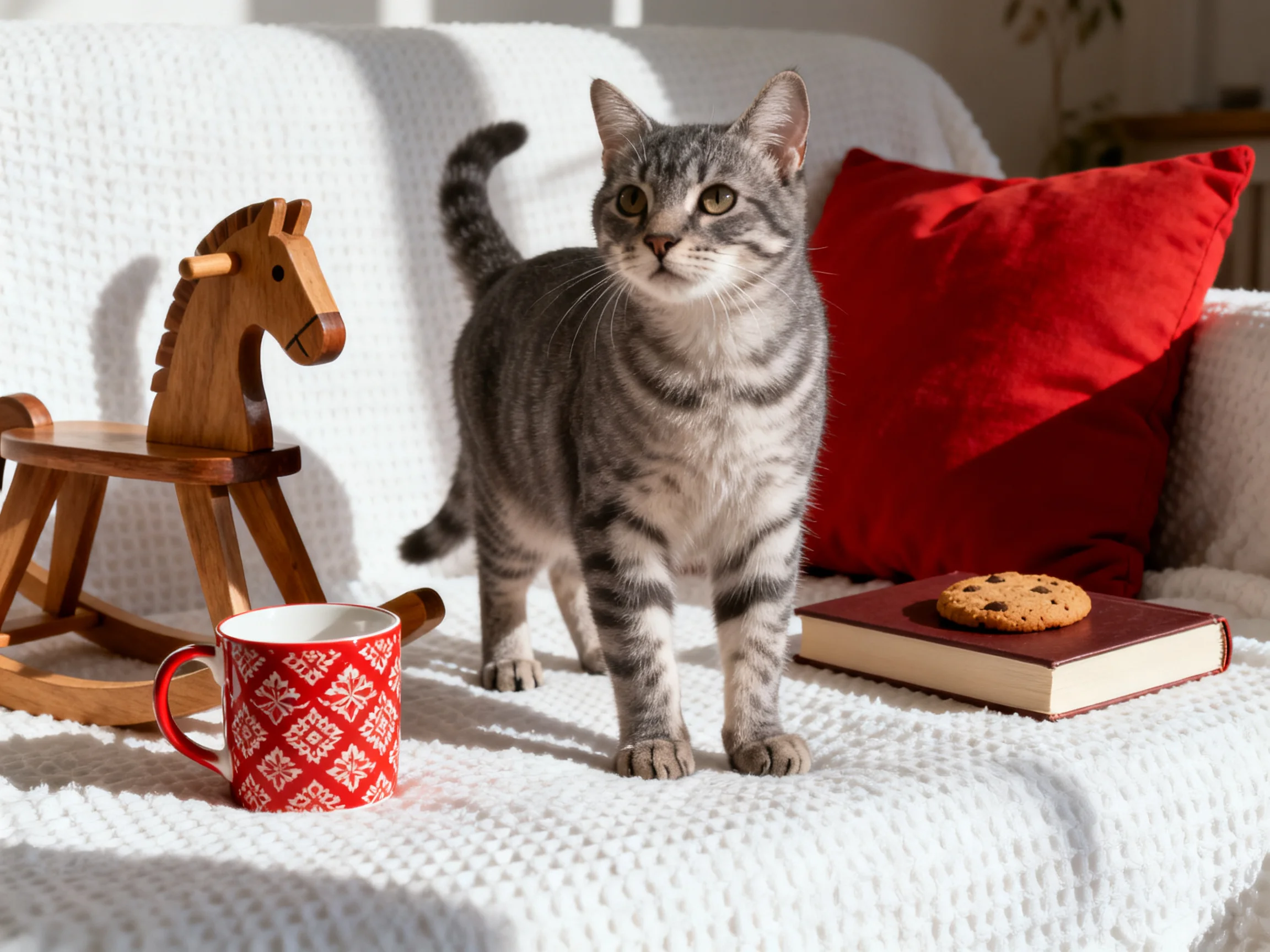 Gray tabby cat on white couch with red pillow, wooden rocking horse, and book