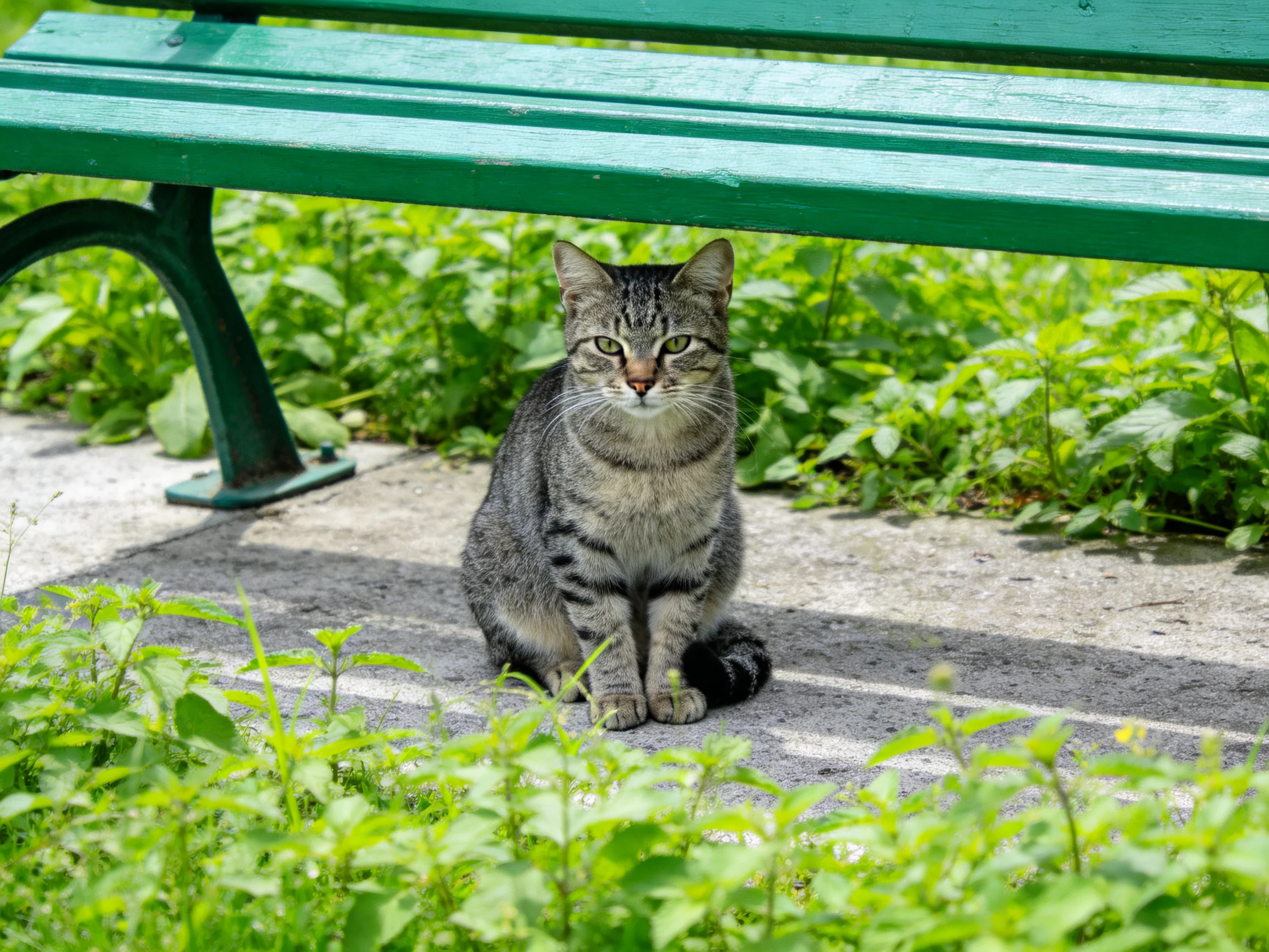 A gray tabby cat rests near a green park bench in a verdant outdoor space.