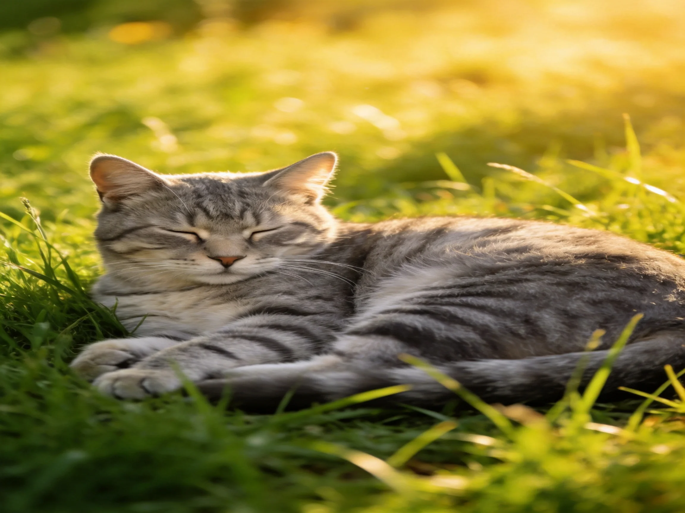Gray tabby cat relaxes on sunlit green grass.
