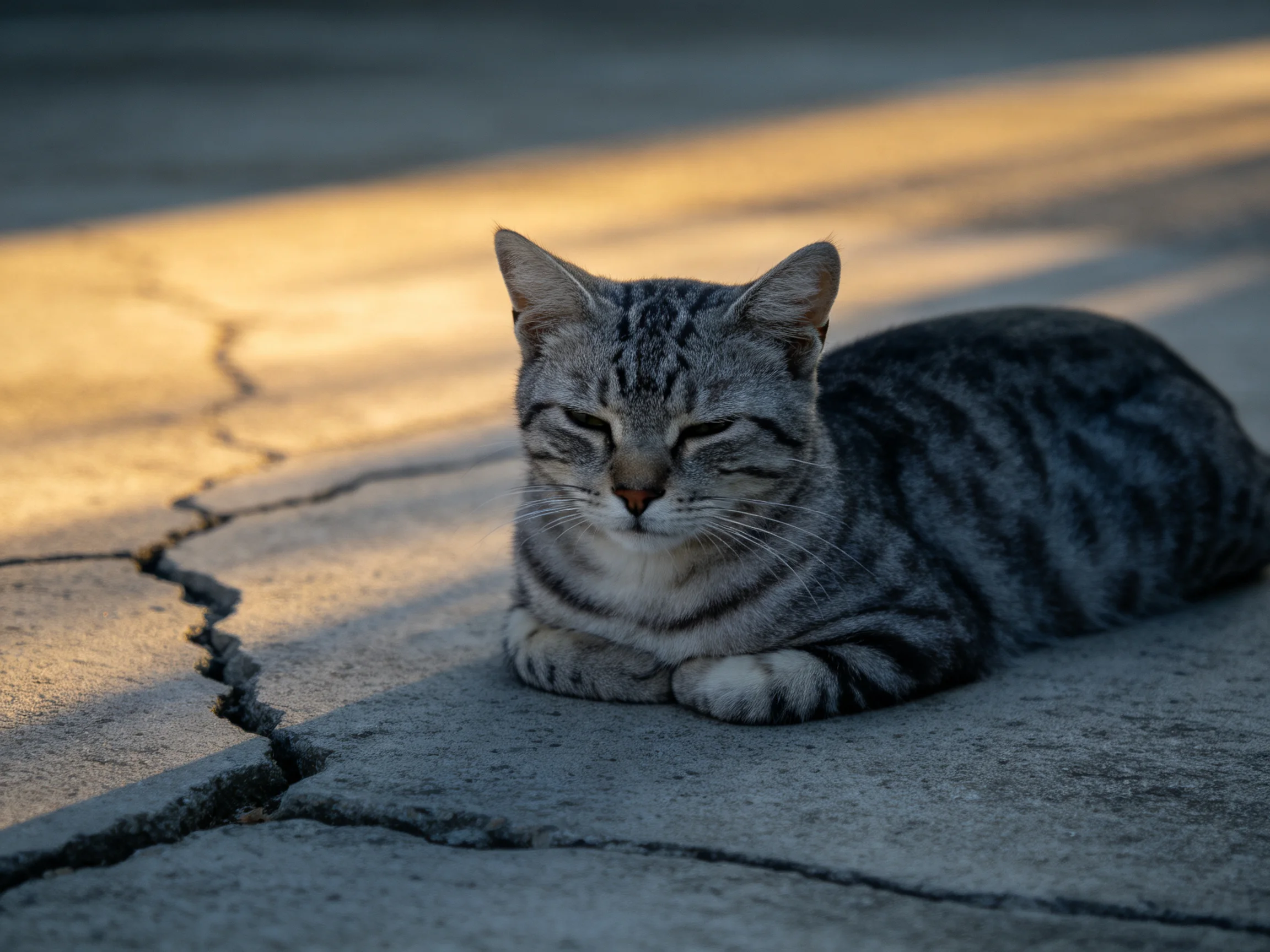 Gray tabby cat rests on cracked concrete pavement in golden sunlight