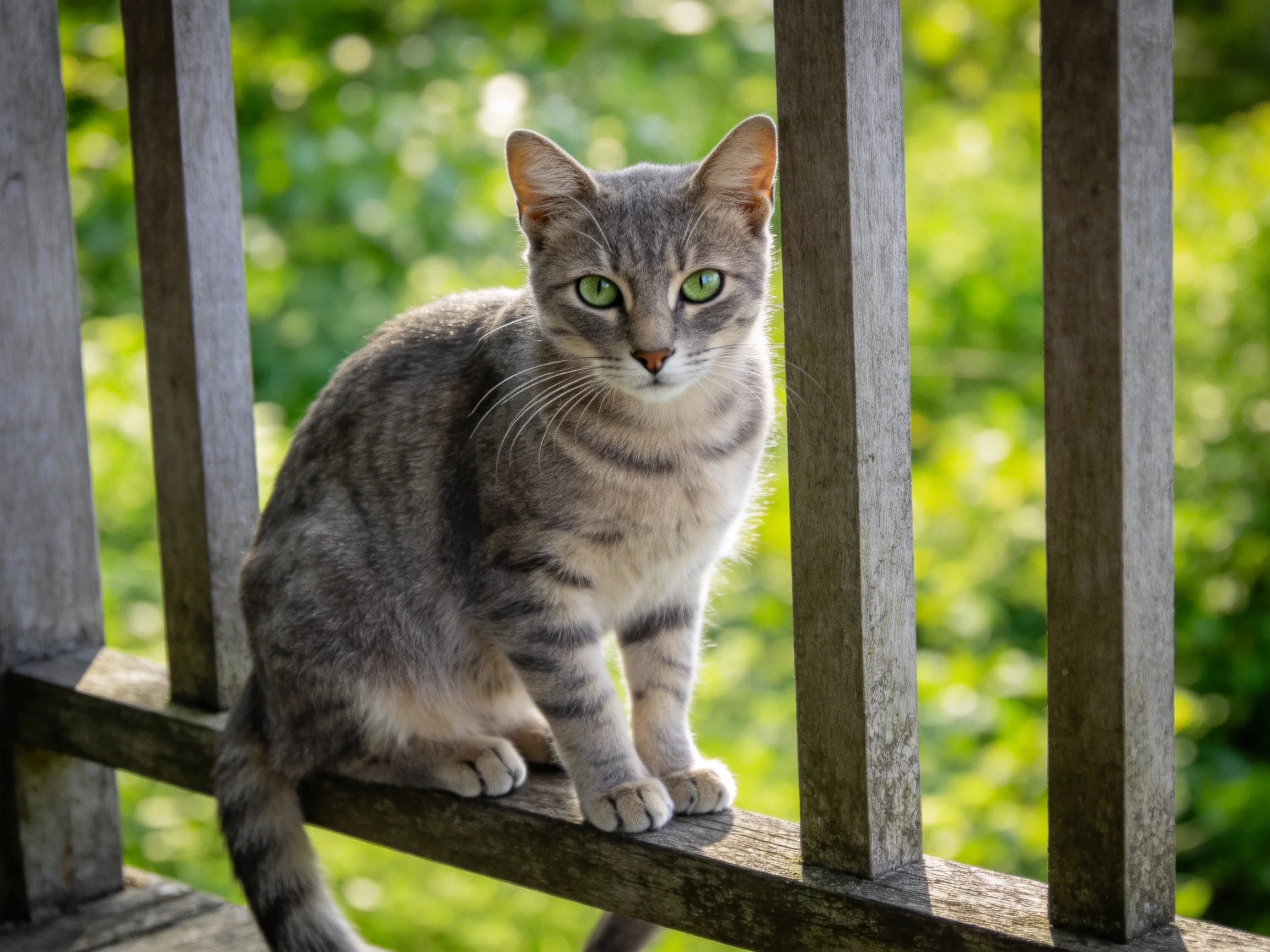 Gray tabby cat sitting on weathered wooden railings with green foliage