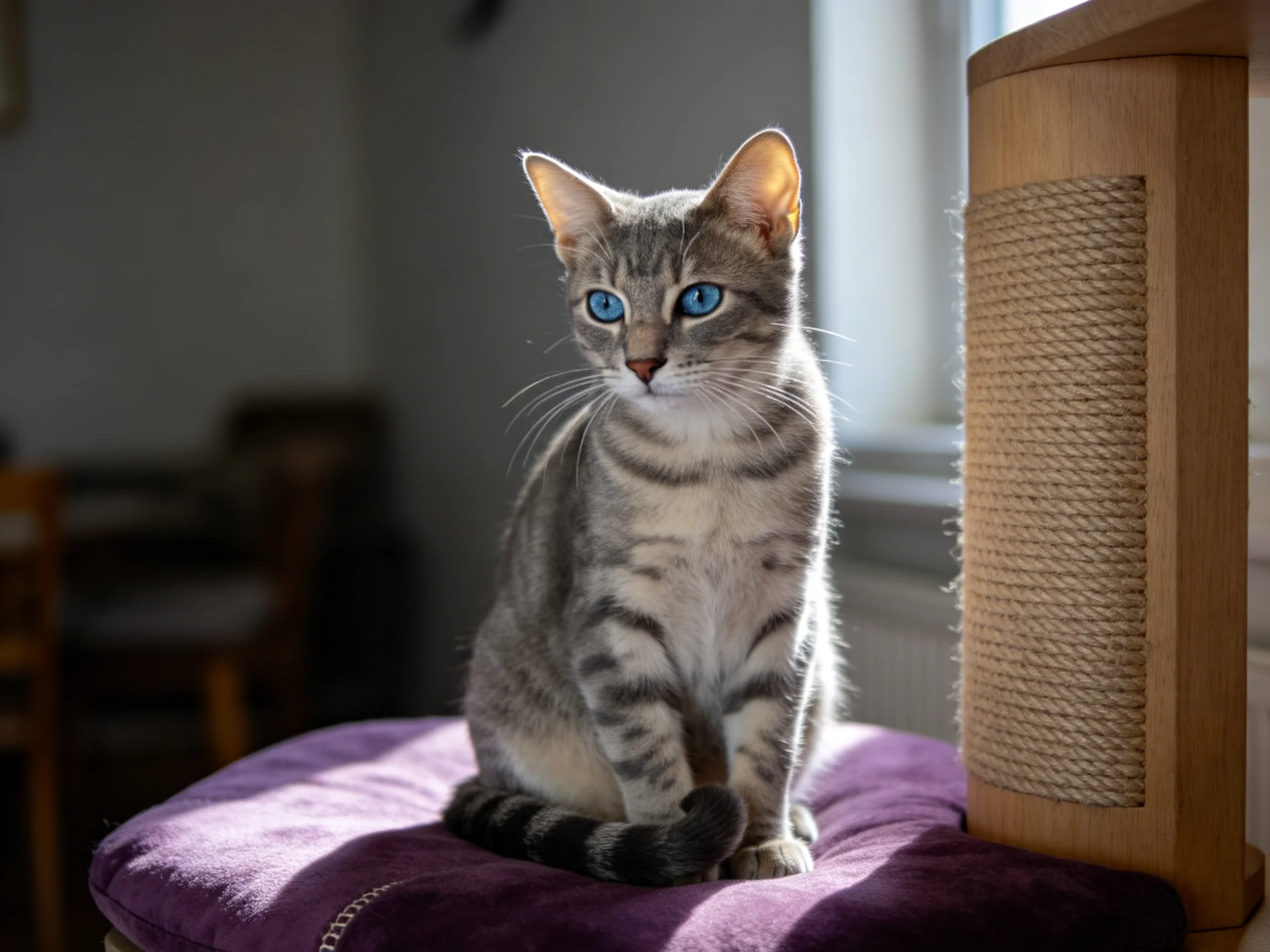 Gray tabby cat sits on purple cushion next to scratching post.