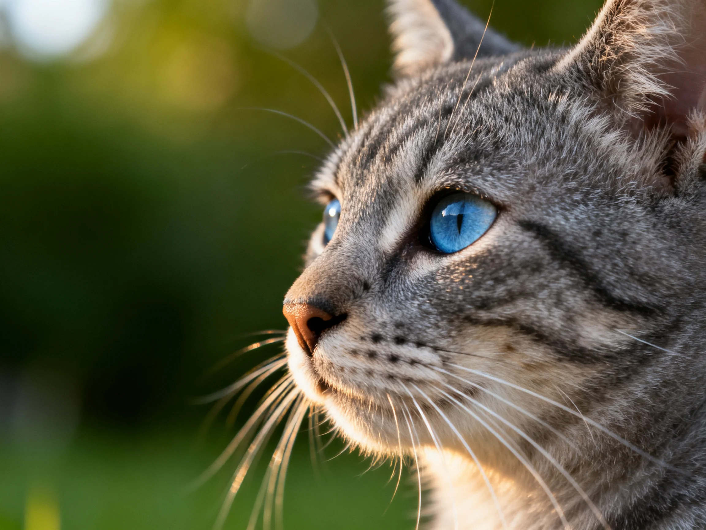 Gray tabby cat with blue eyes observes outdoors