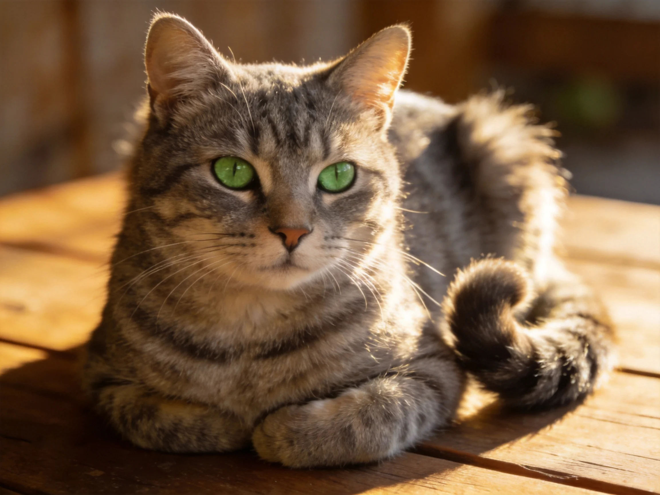 Gray tabby cat with green eyes relaxes on a sunlit wooden table.