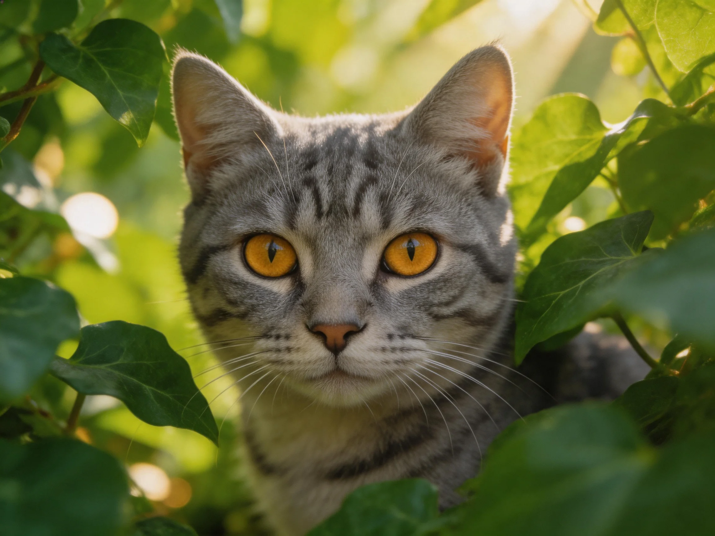 A gray tabby cat with orange eyes peeks from behind green foliage.