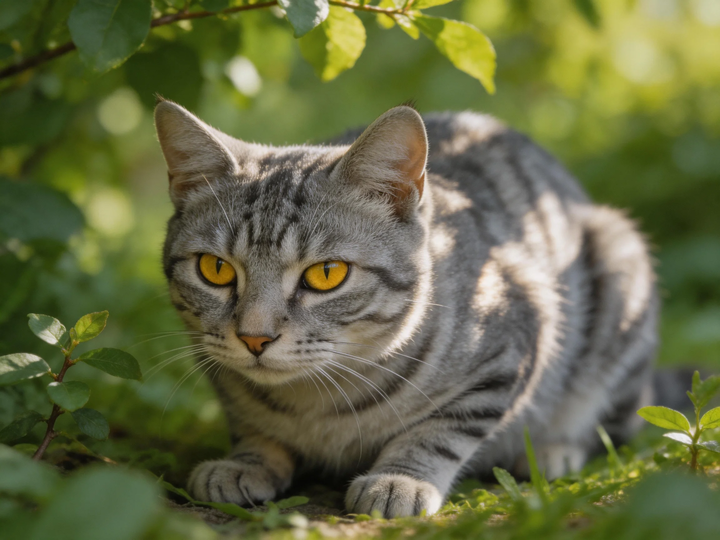 Gray tabby cat with yellow eyes rests among green plants in a sunlit outdoor setting.