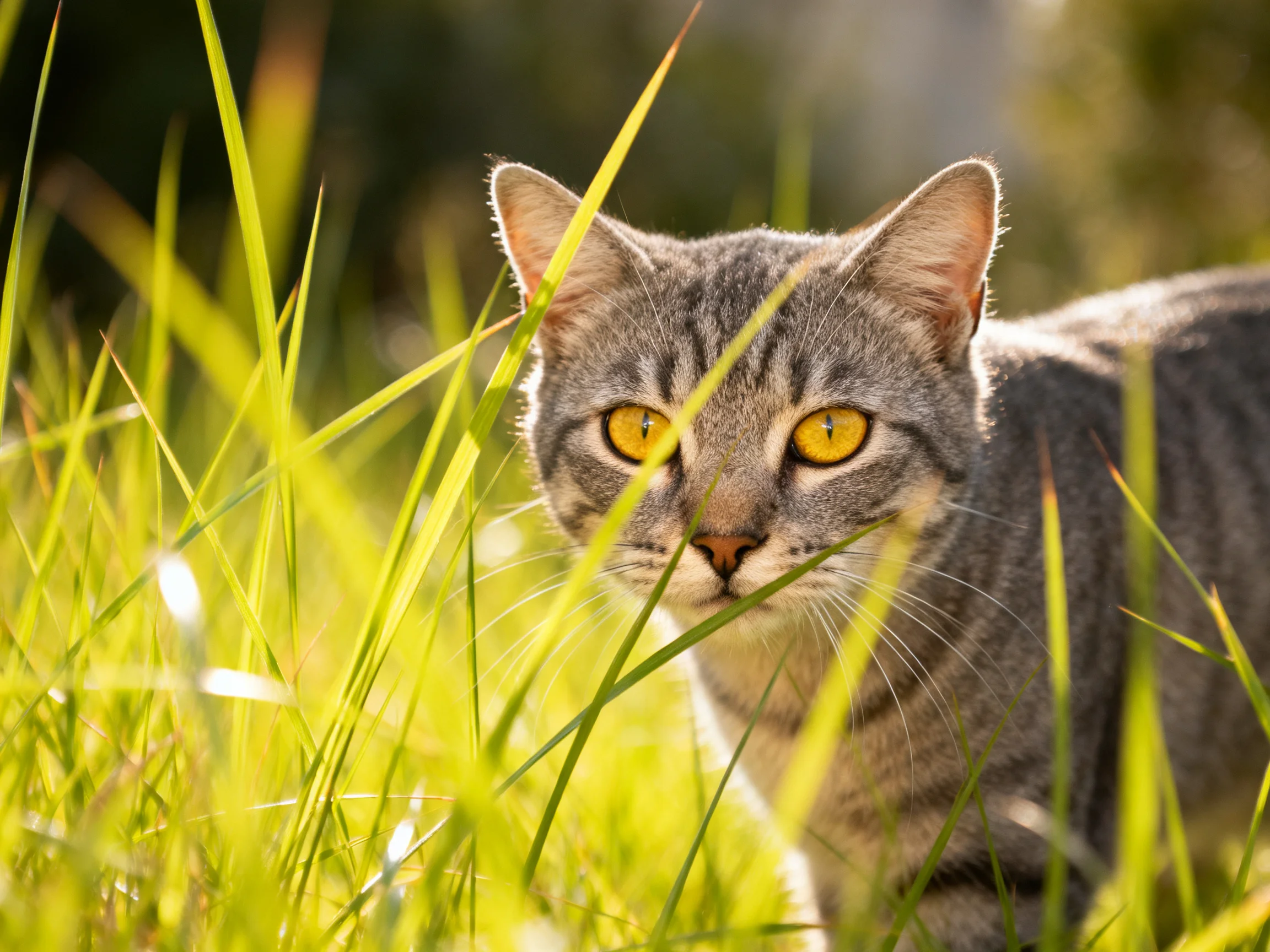 A gray tabby cat with yellow eyes is nestled among tall green grass.