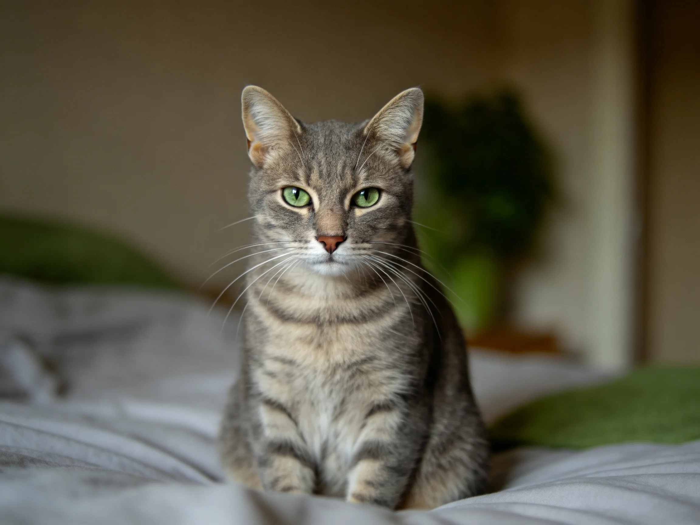 A gray tabby cat with green eyes sits calmly on a bed in a cozy indoor space.