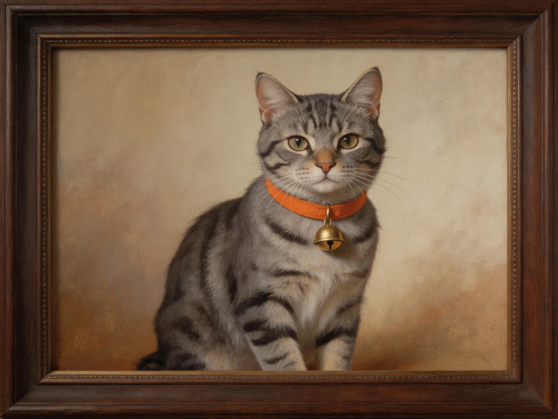Gray tabby cat with orange collar in dark wooden frame