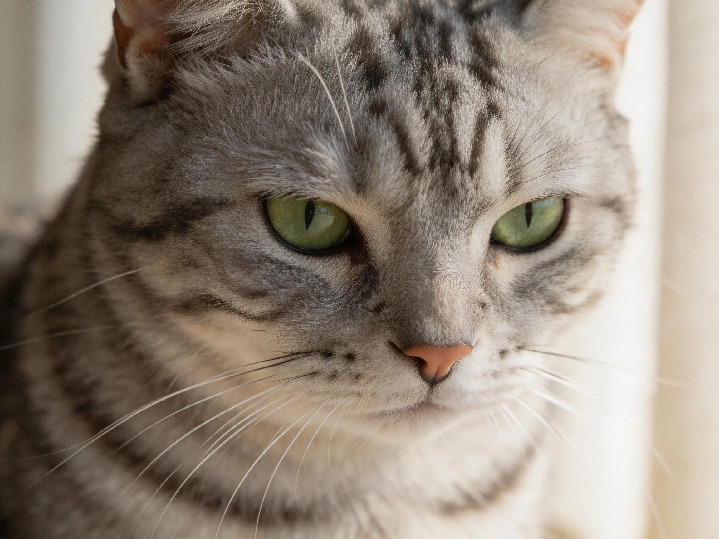 A gray tabby cat with green eyes rests in a softly lit environment.