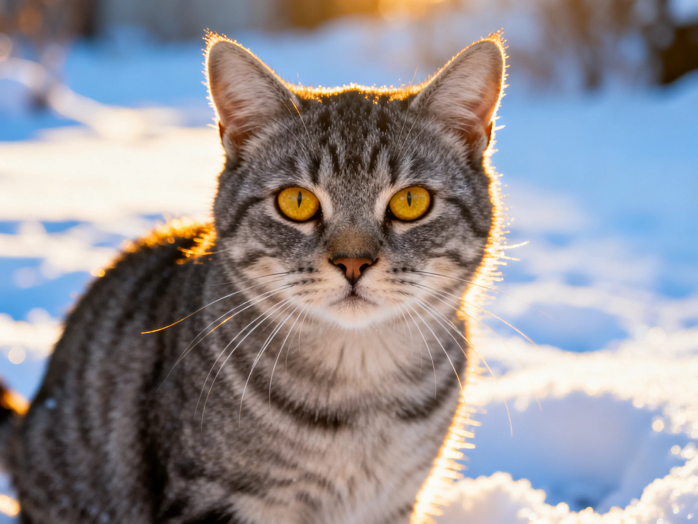 A gray tabby cat with yellow eyes is positioned among snow-covered ground.