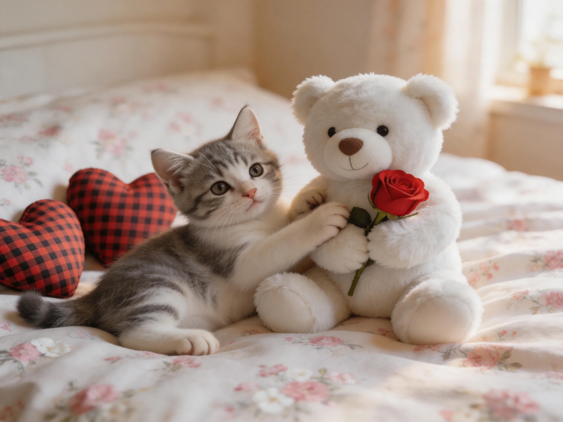 A gray kitten interacts with a white teddy bear holding a rose on a floral bed.