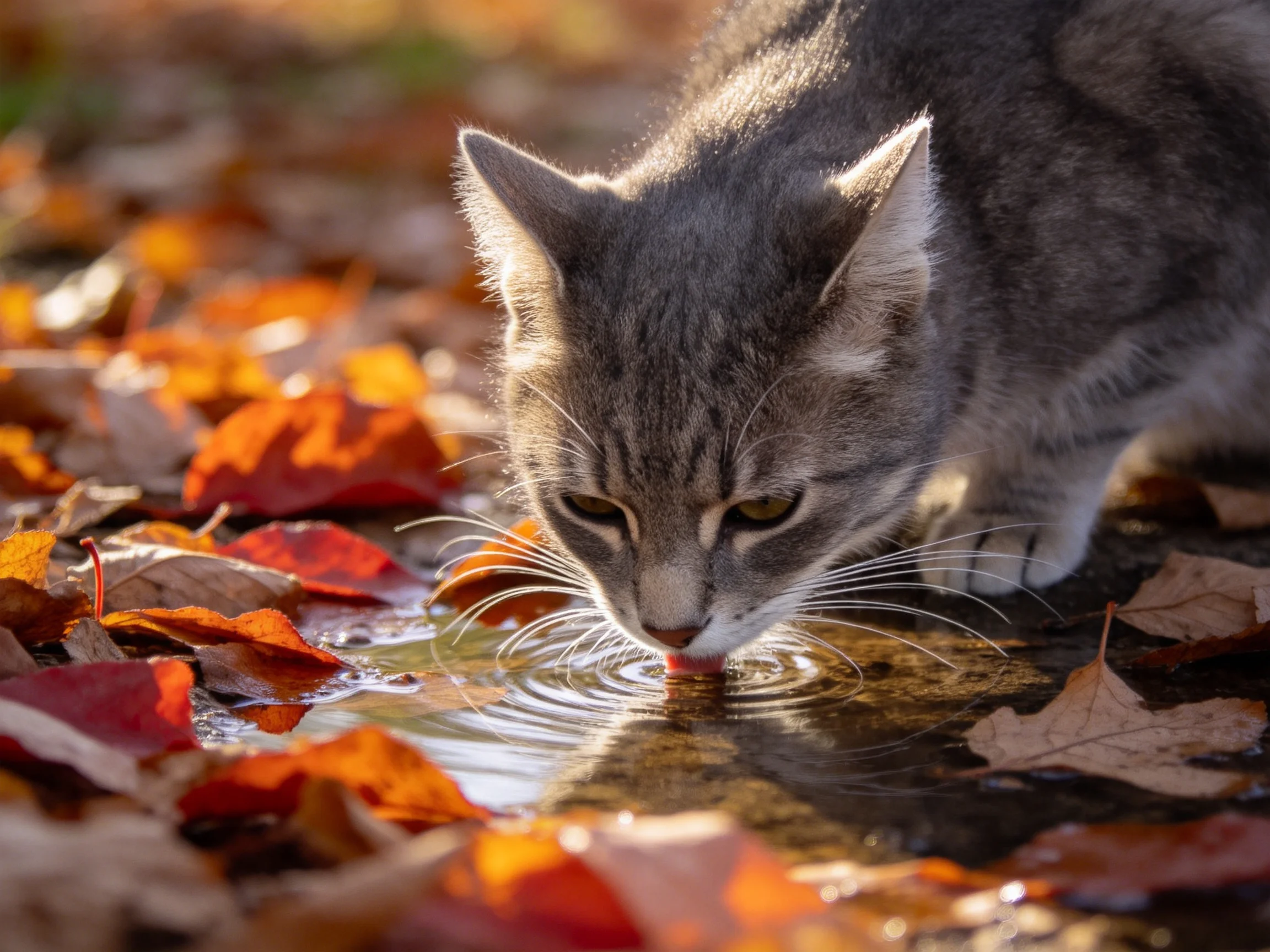 Gray tabby kitten drinks from puddle amidst autumn leaves