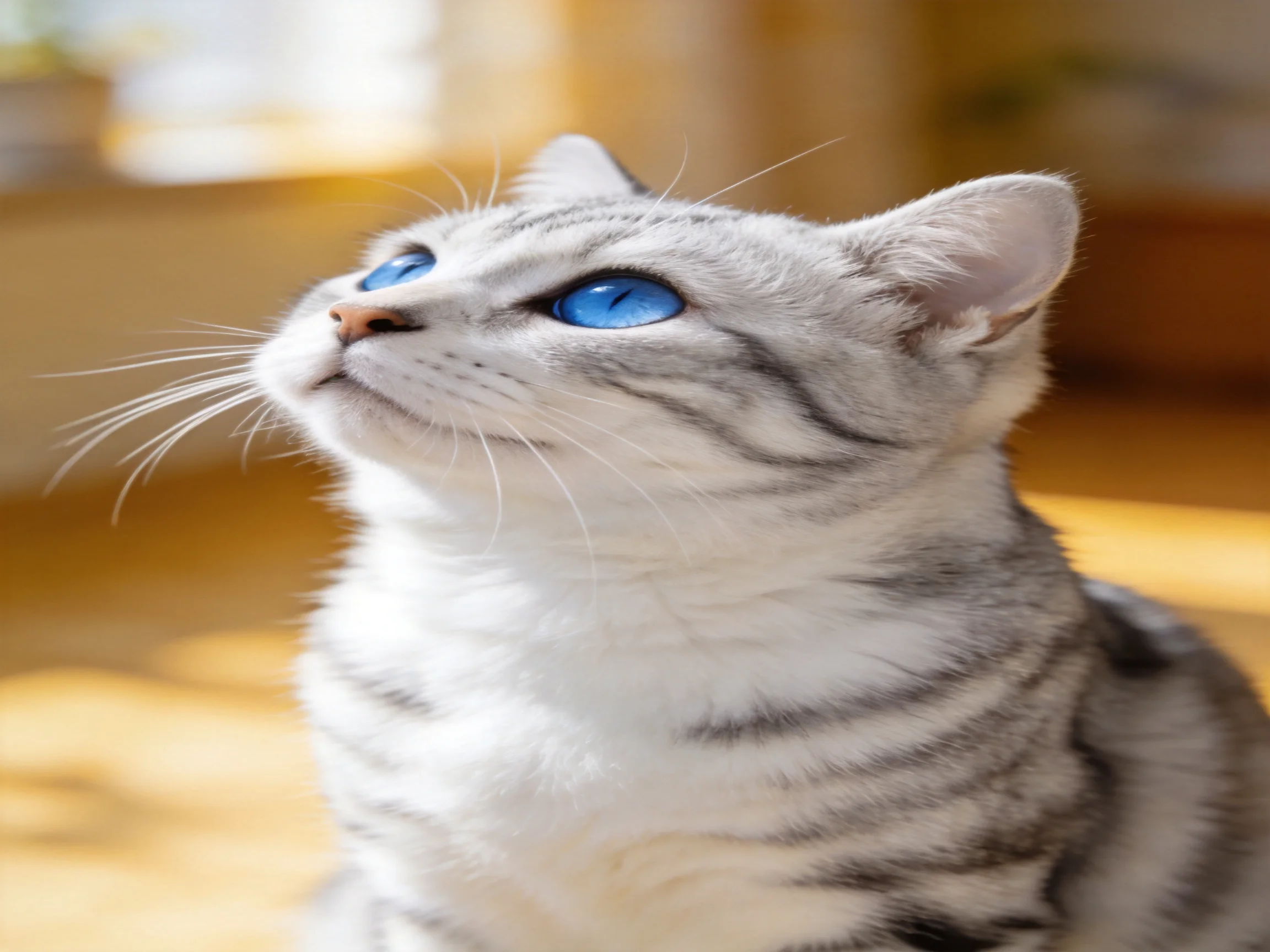 A gray tabby kitten with blue eyes looks upward in a sunlit indoor space.