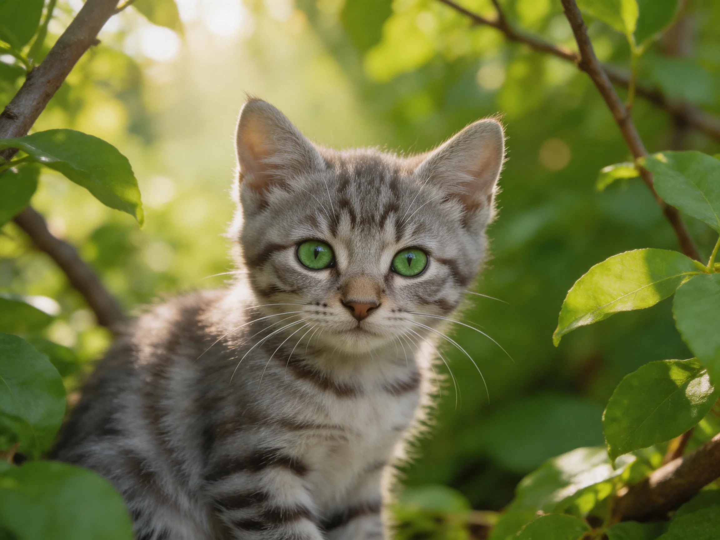 Gray tabby kitten with emerald eyes in leafy surroundings