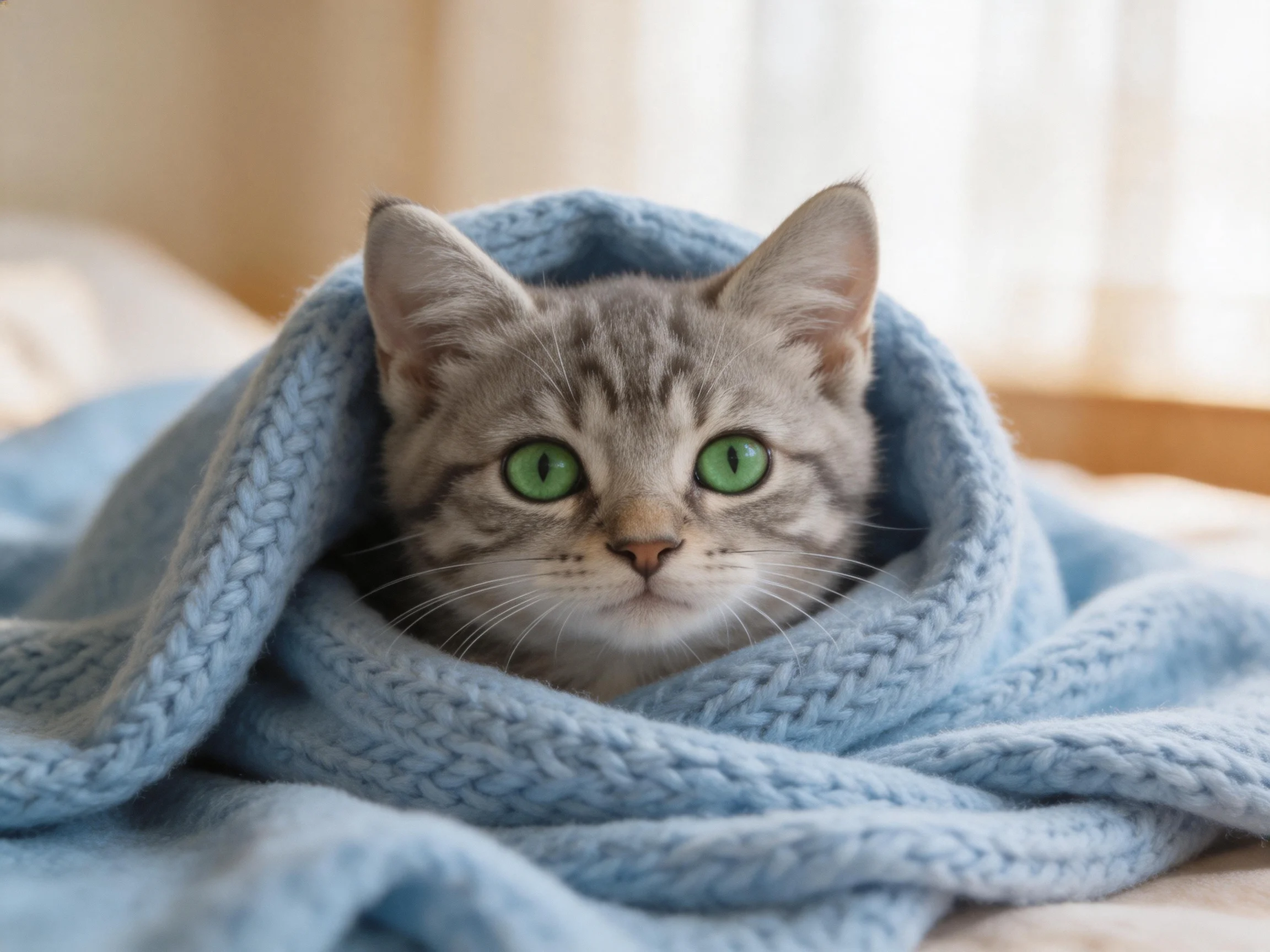 Gray tabby kitten with green eyes emerges from a blue blanket.