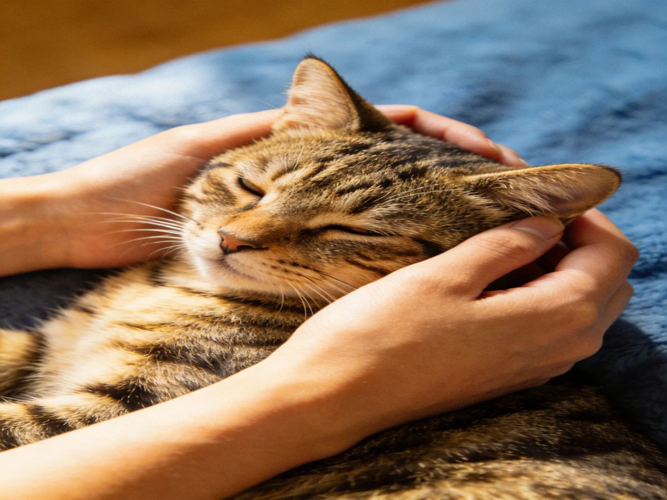 Hands cradling a content tabby cat on a soft blue blanket