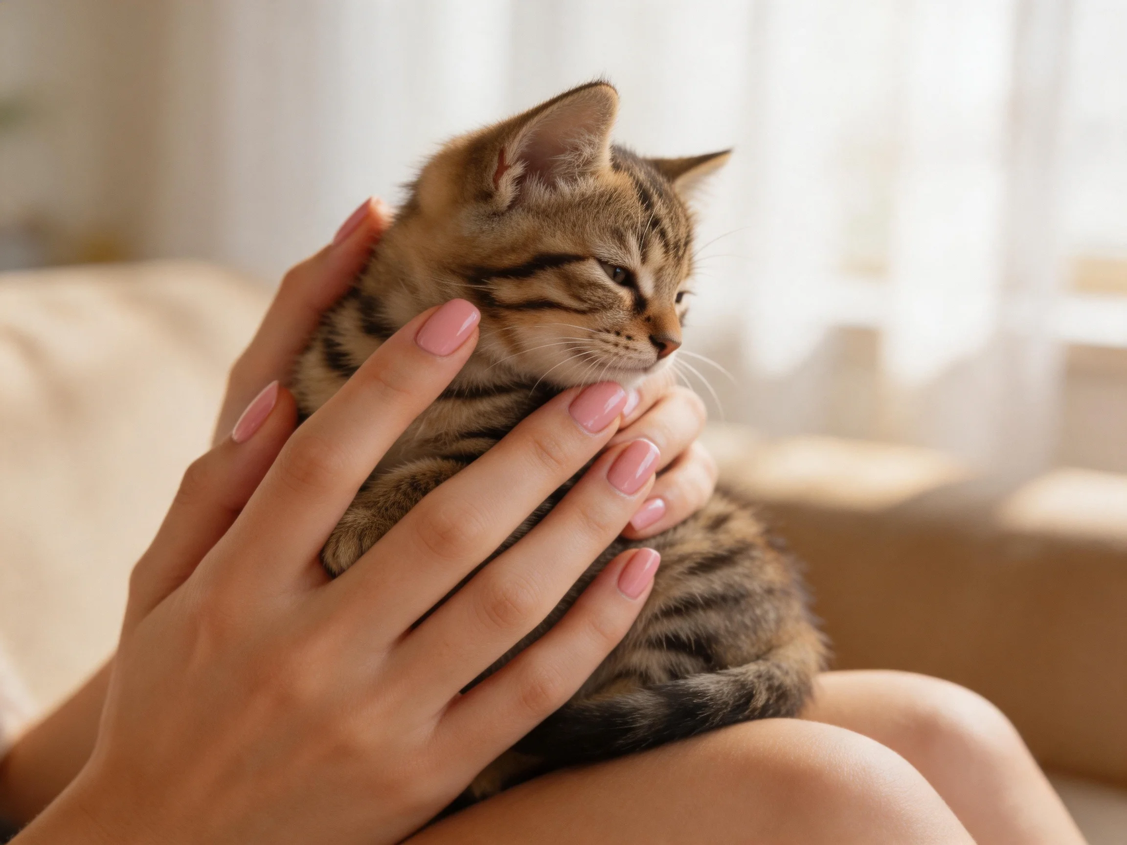 Hands cradling a small tabby kitten on a beige couch