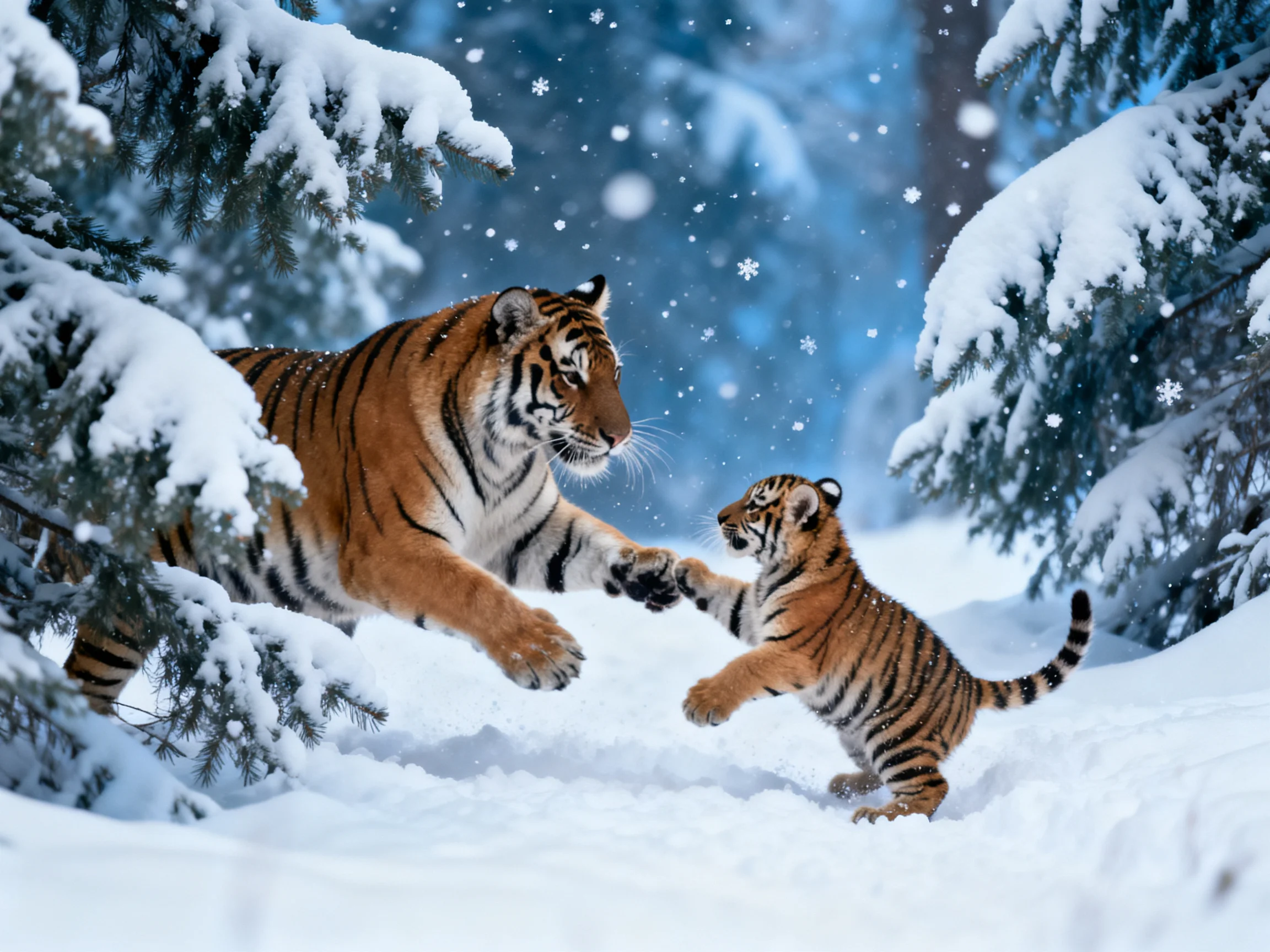 Mother tiger and cub play in snow-draped evergreen forest