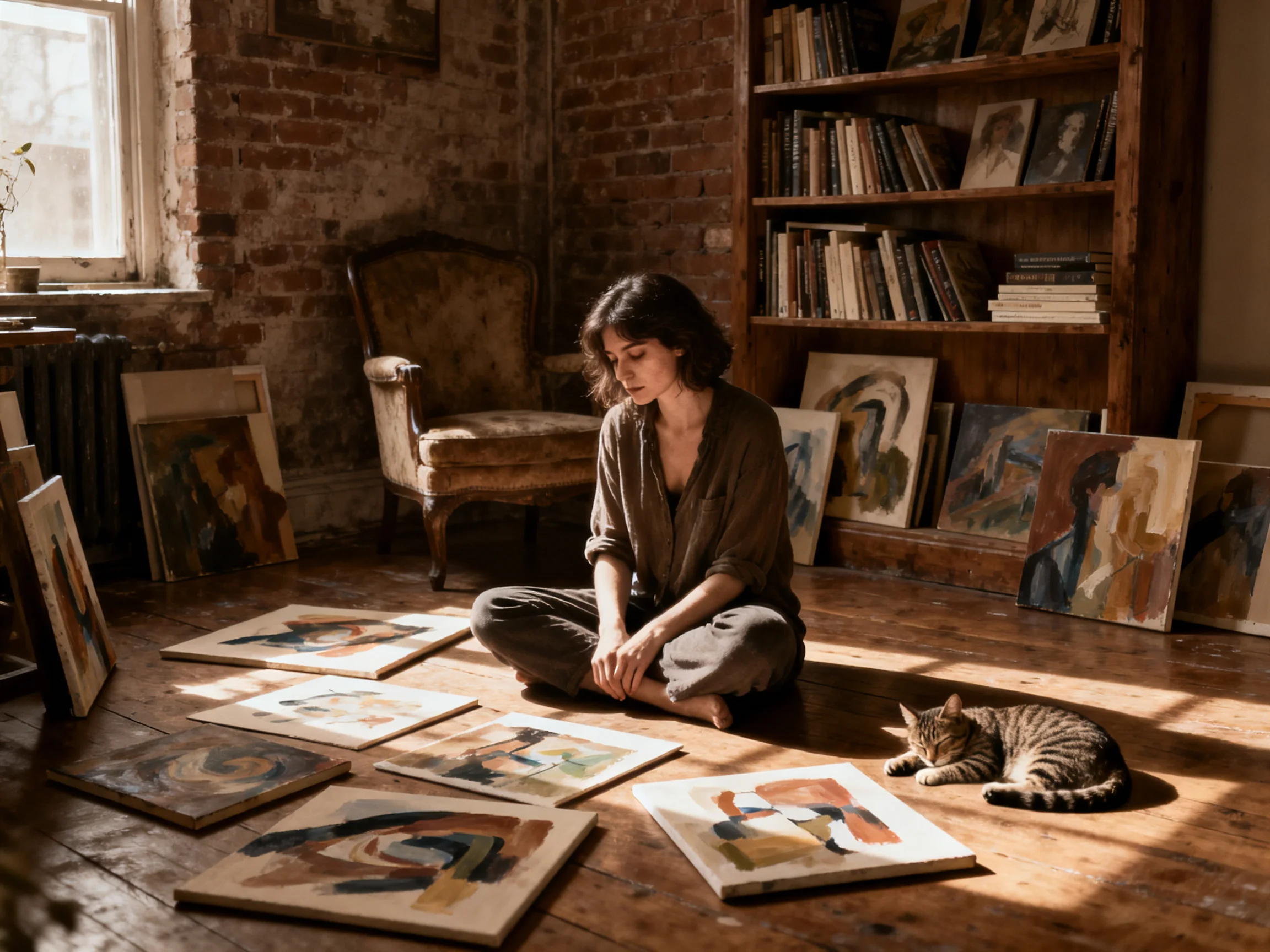 A woman sits among multiple abstract paintings in a sunlit brick studio with a resting cat.