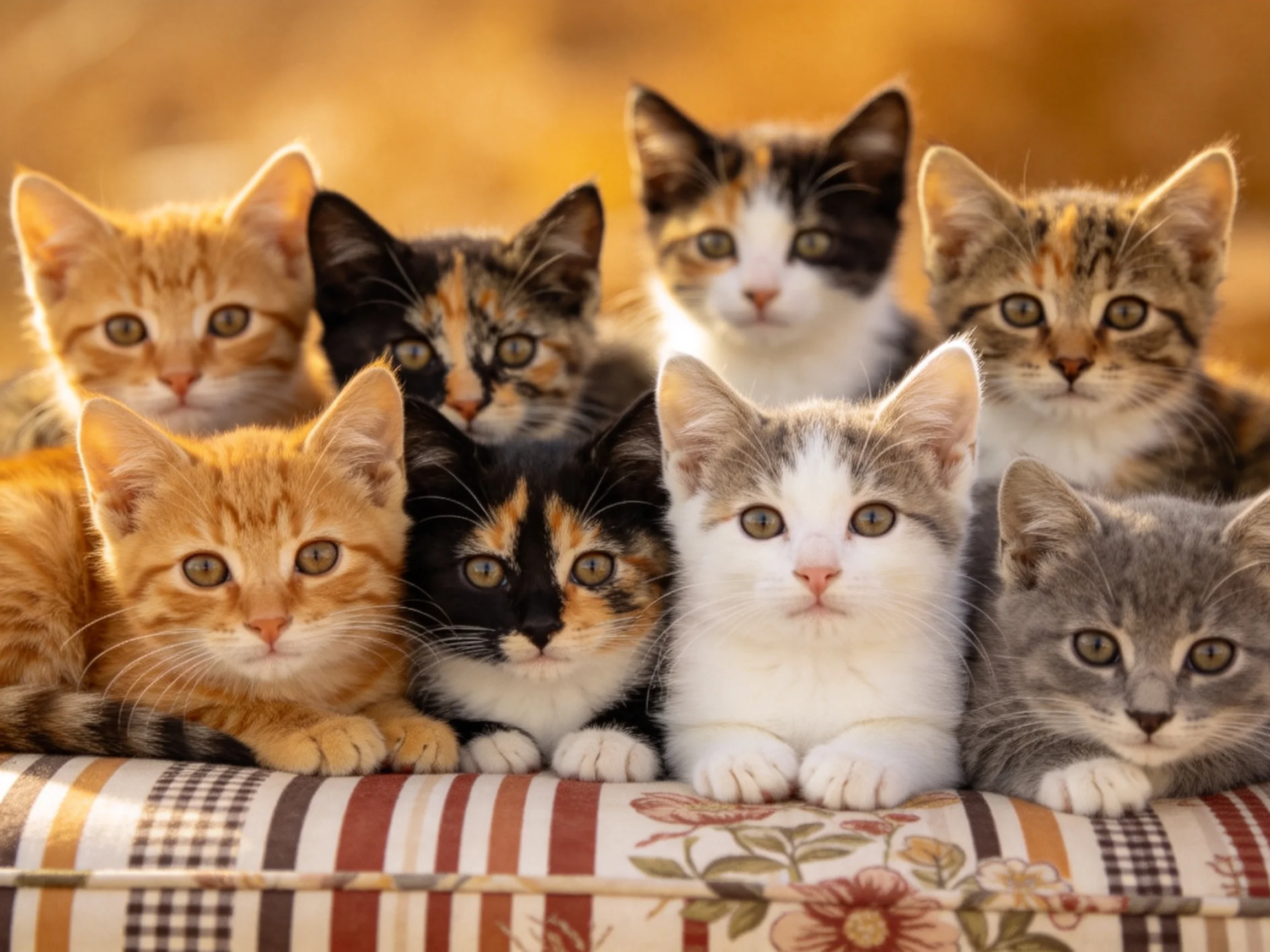 Nine kittens of diverse fur colors cluster on a patterned cushion in warm light