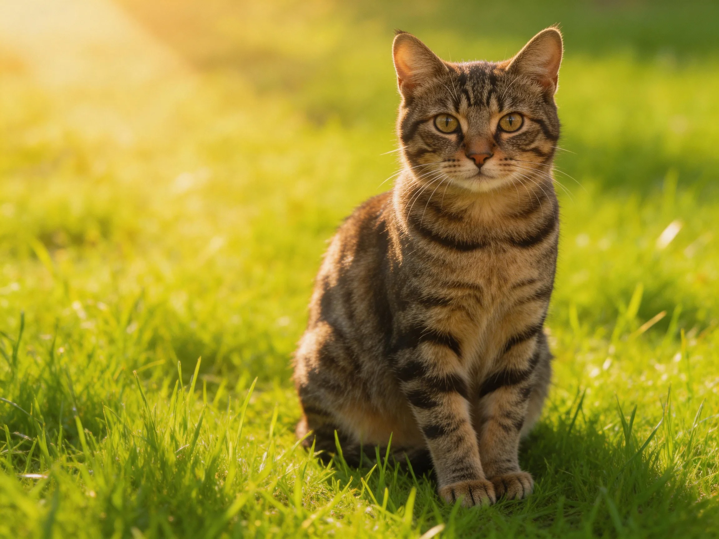 A brown-tabby cat sits on green grass in a sunlit area.