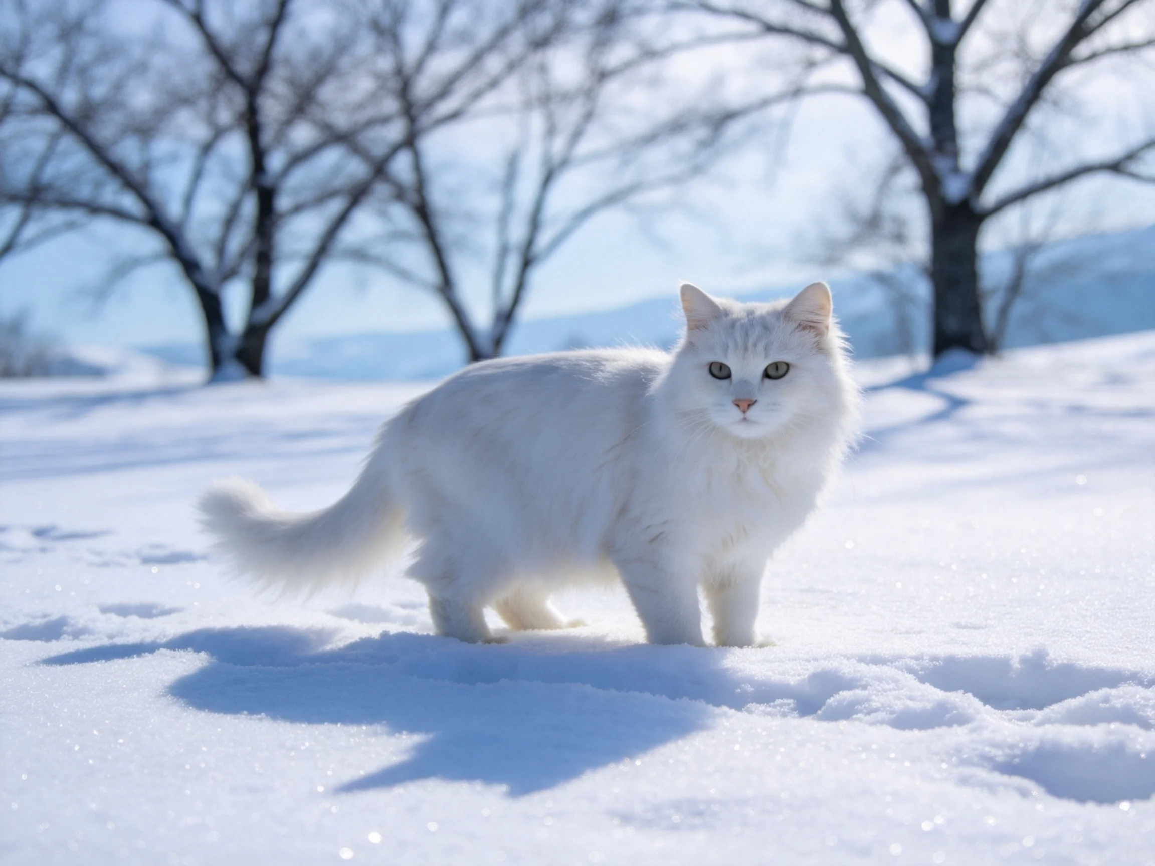 A fluffy white cat stands in a snowy landscape with bare trees.