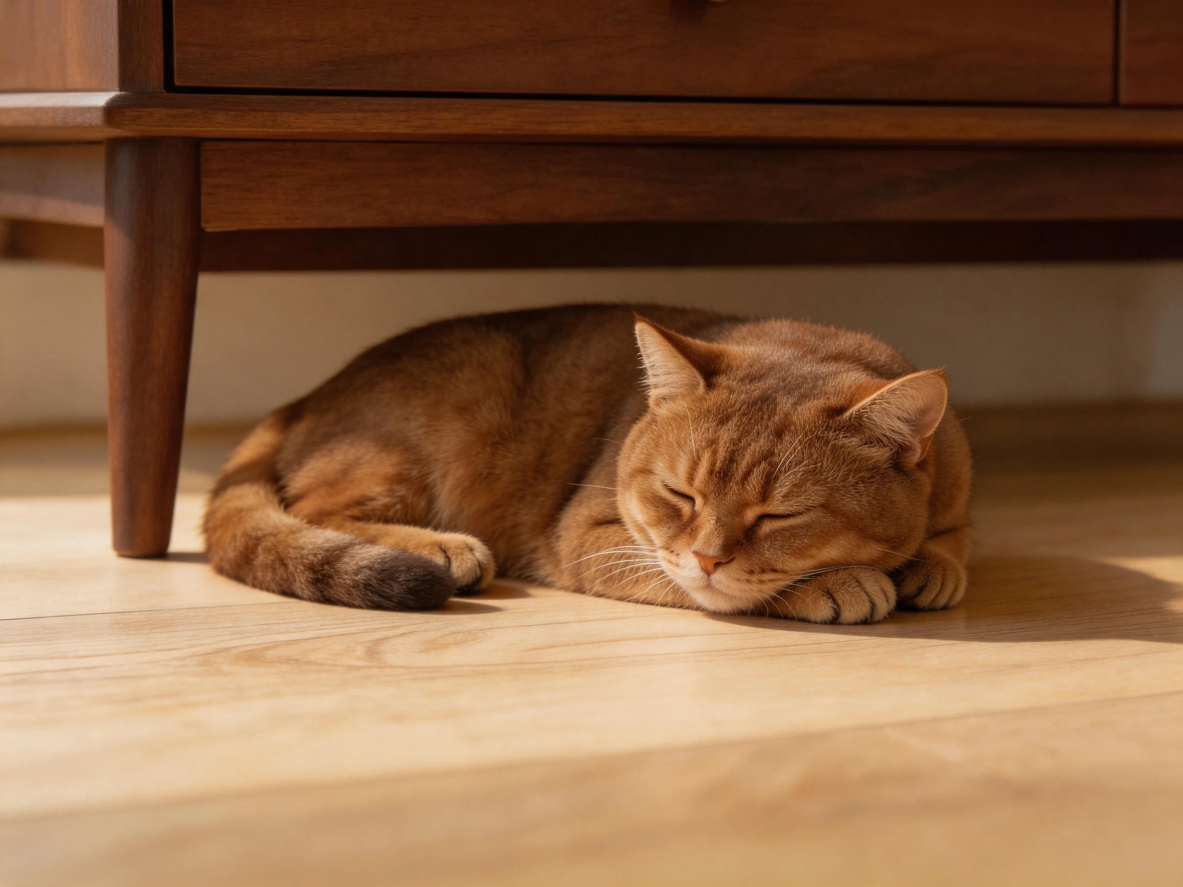 An orange cat sleeps under a wooden cabinet on a light-colored floor.