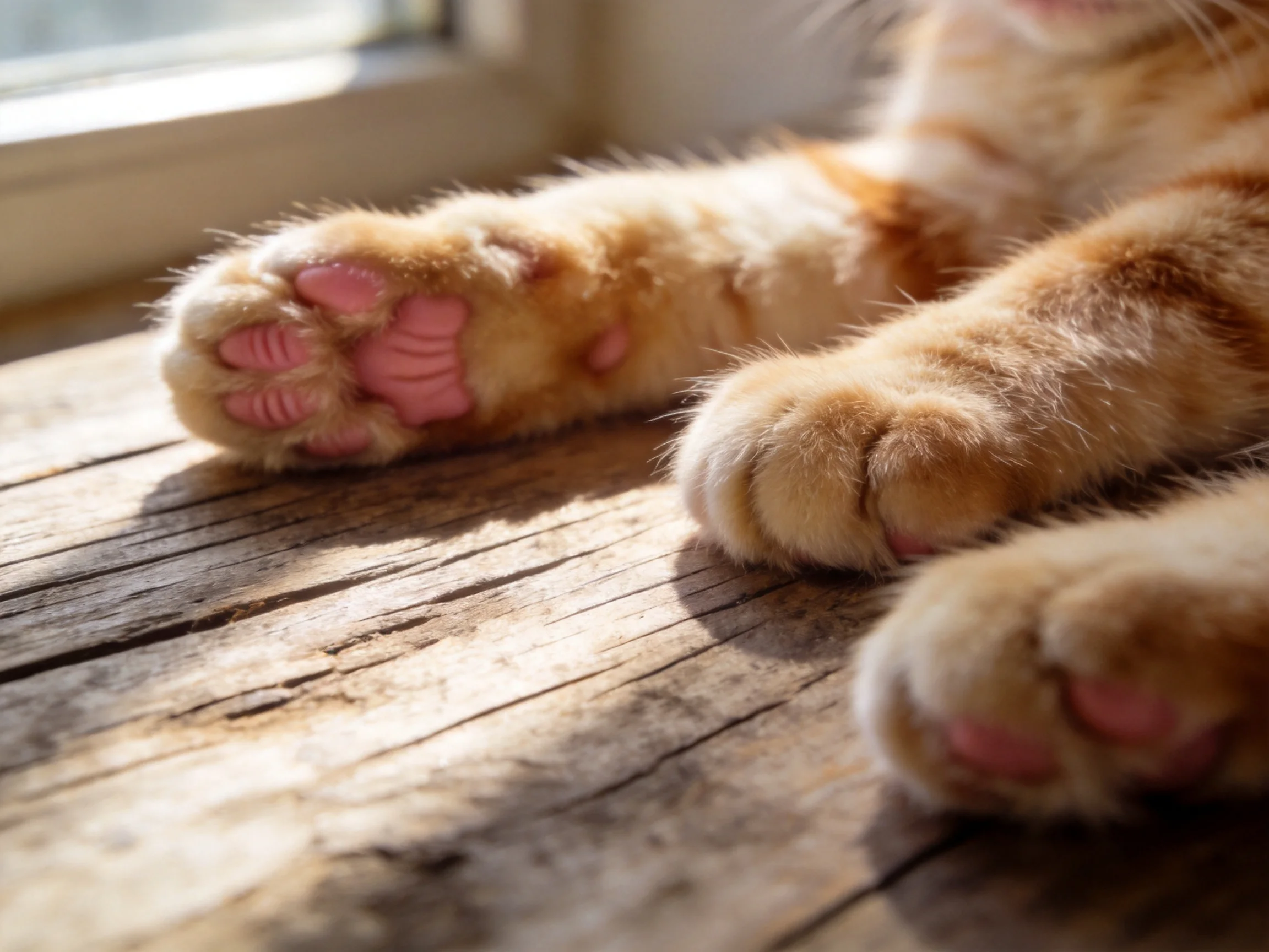 Orange Tabby Cat Paws Resting on Sunlit Wooden Surface Near Window