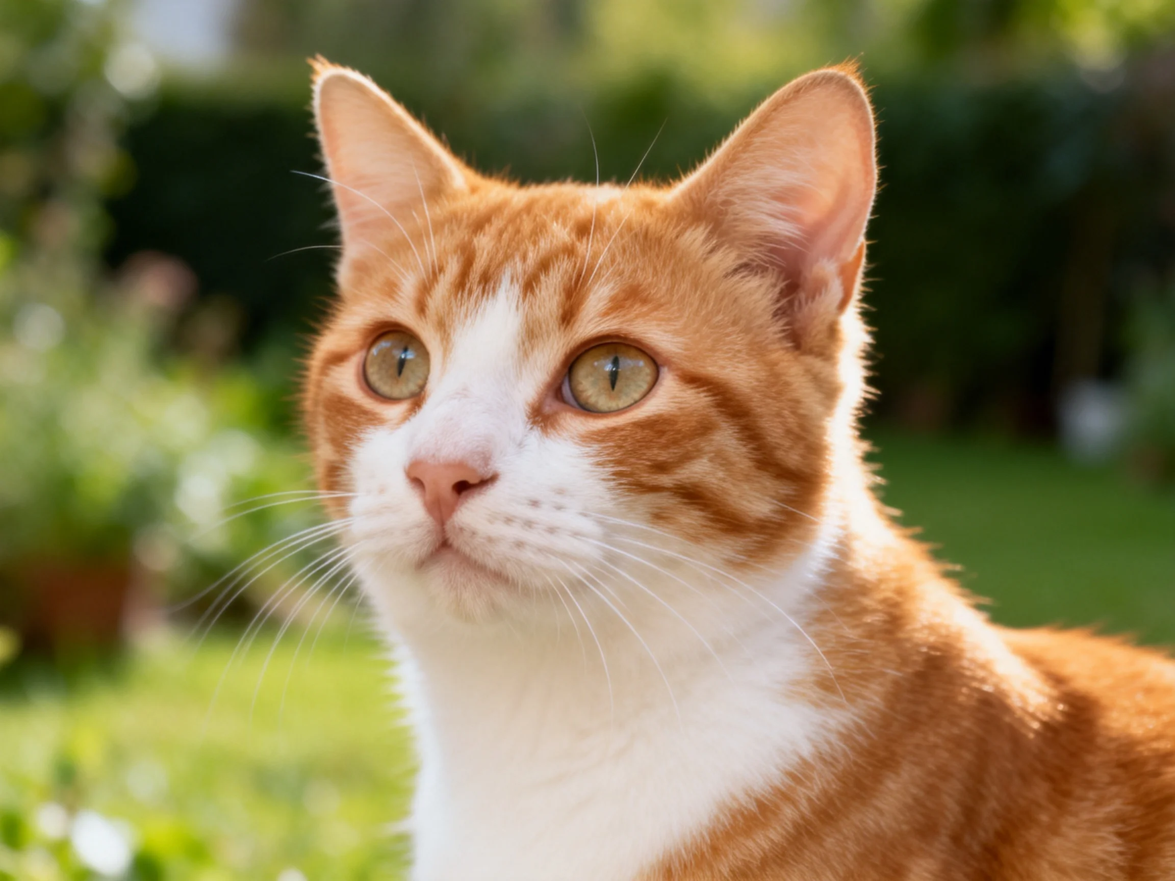 Orange and white cat gazes curiously in a sunlit garden