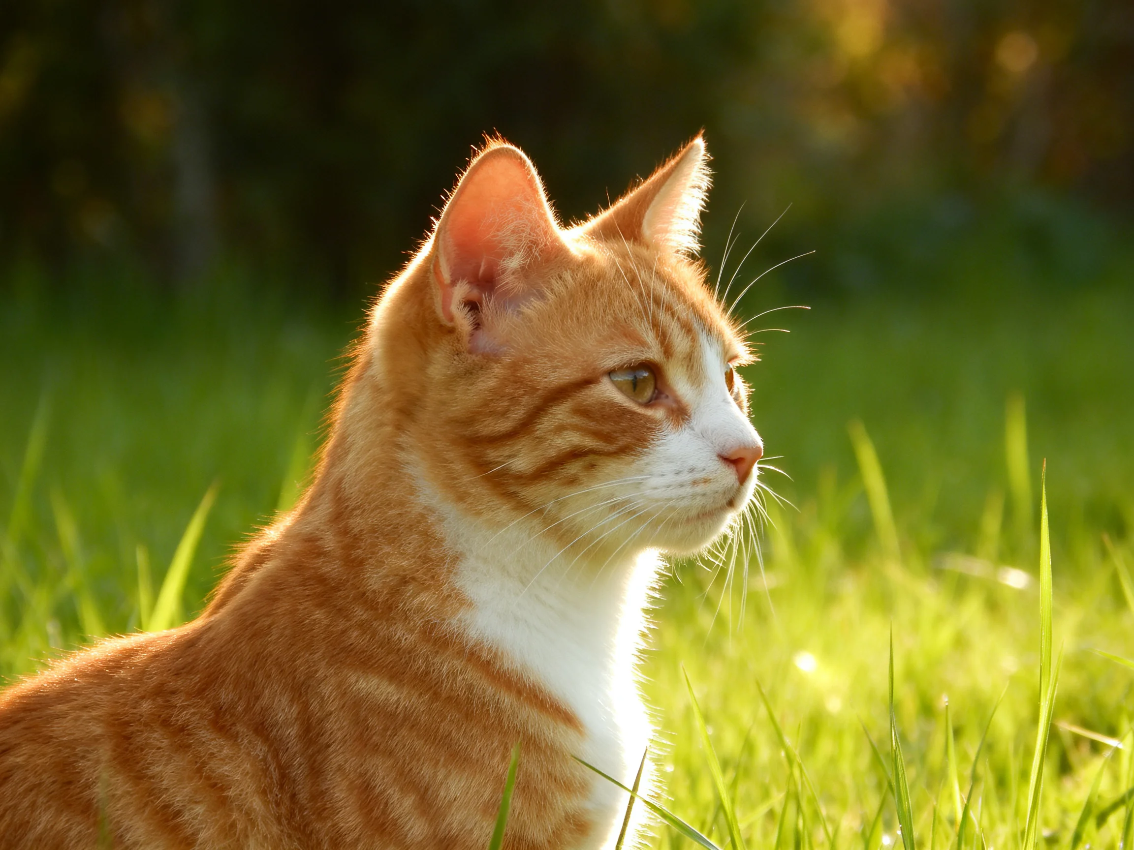 An orange and white cat sits in sunlit green grass.