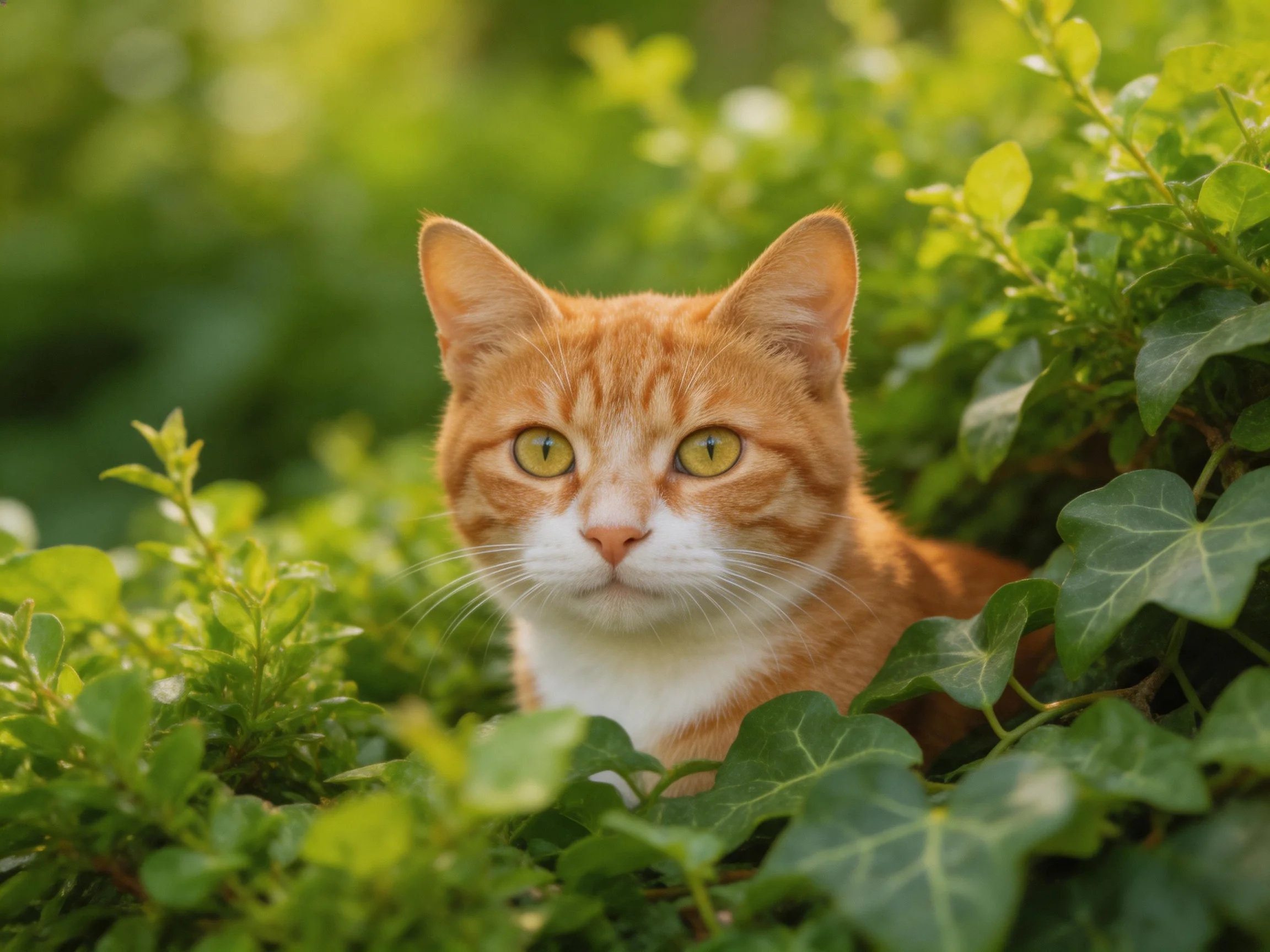 Orange and white cat nestled in lush green vegetation