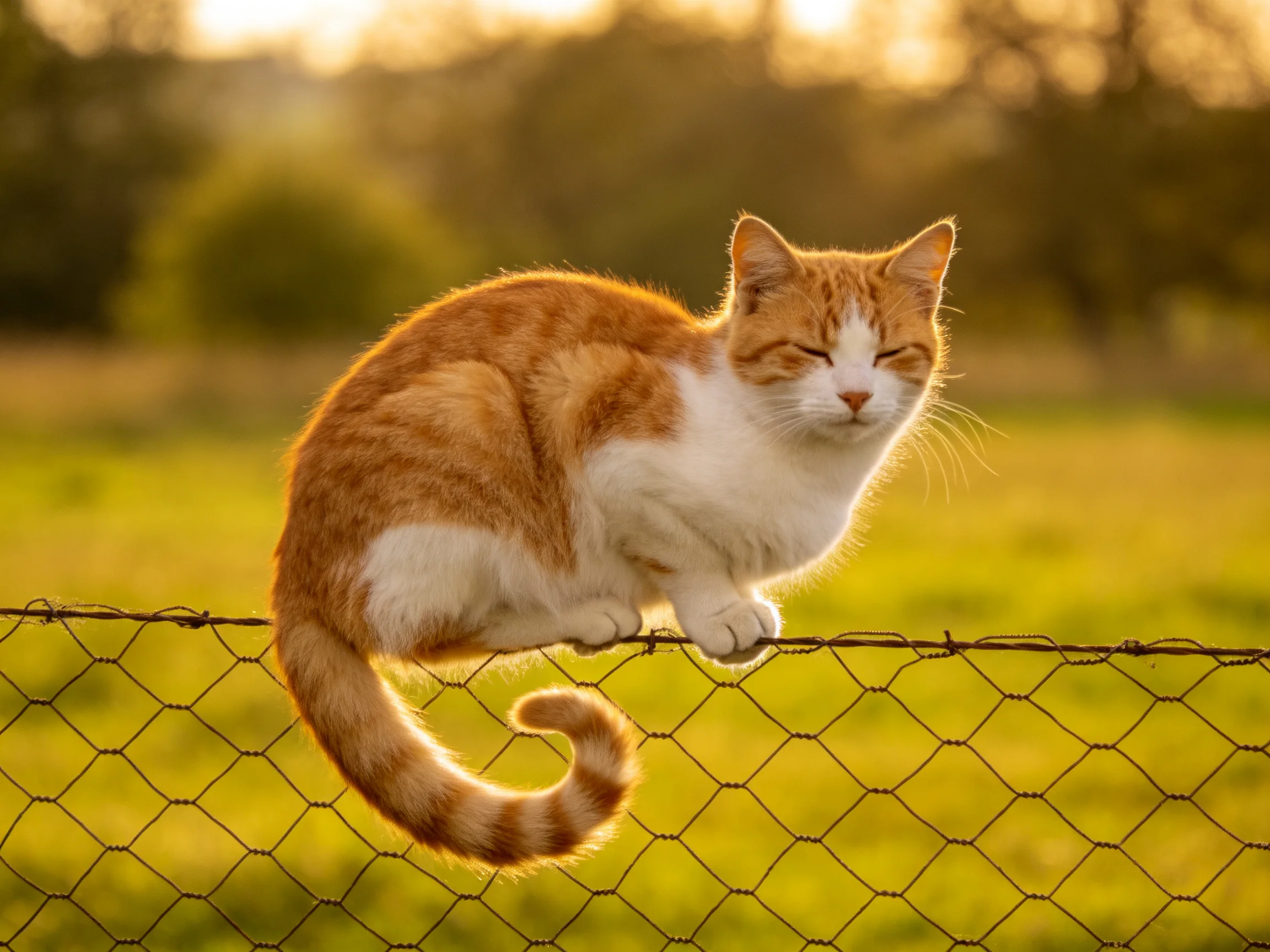 An orange and white cat rests on a wire fence in a sunlit outdoor area.