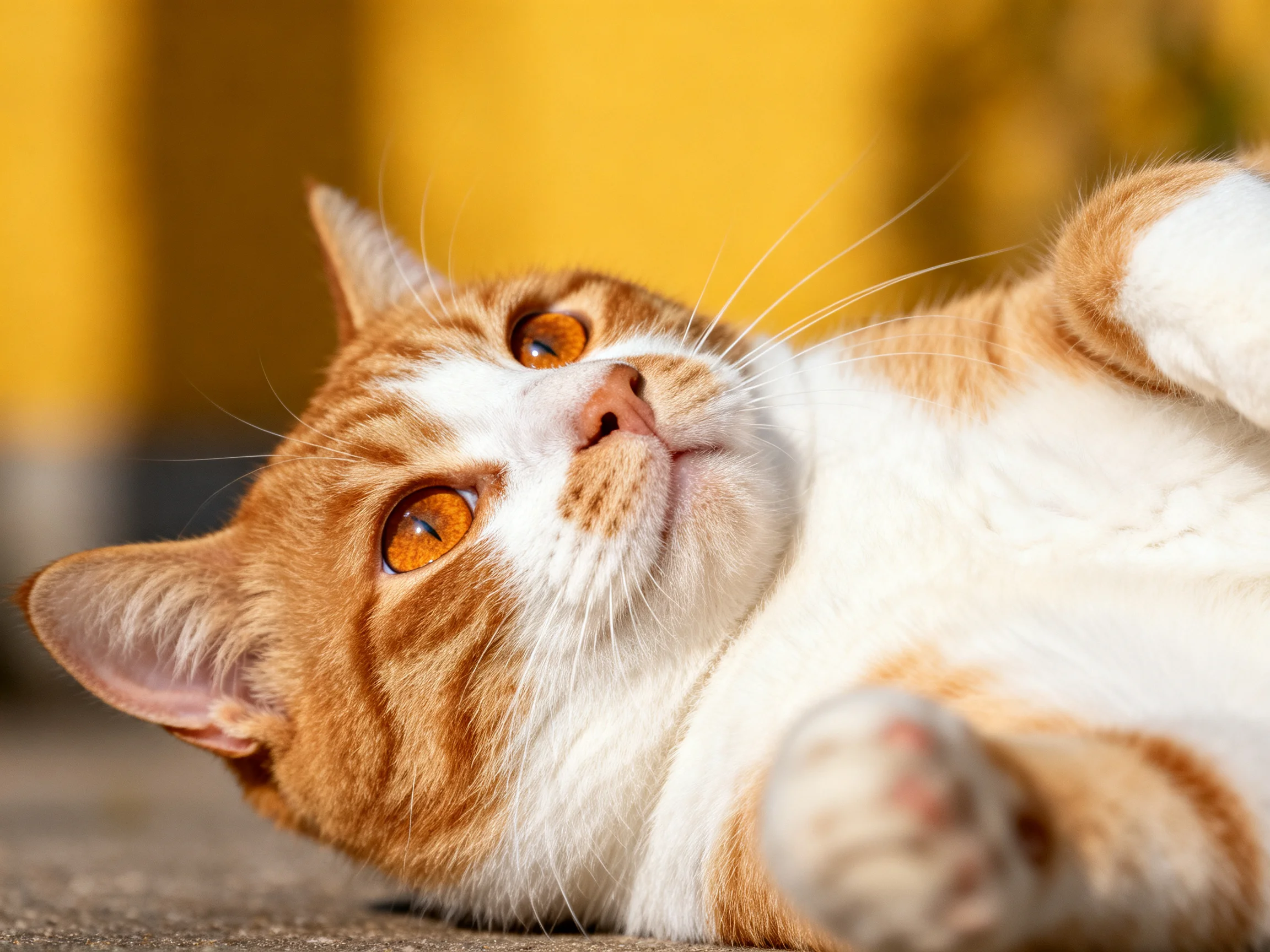 Orange and white cat reclines on a sunlit surface near yellow structures