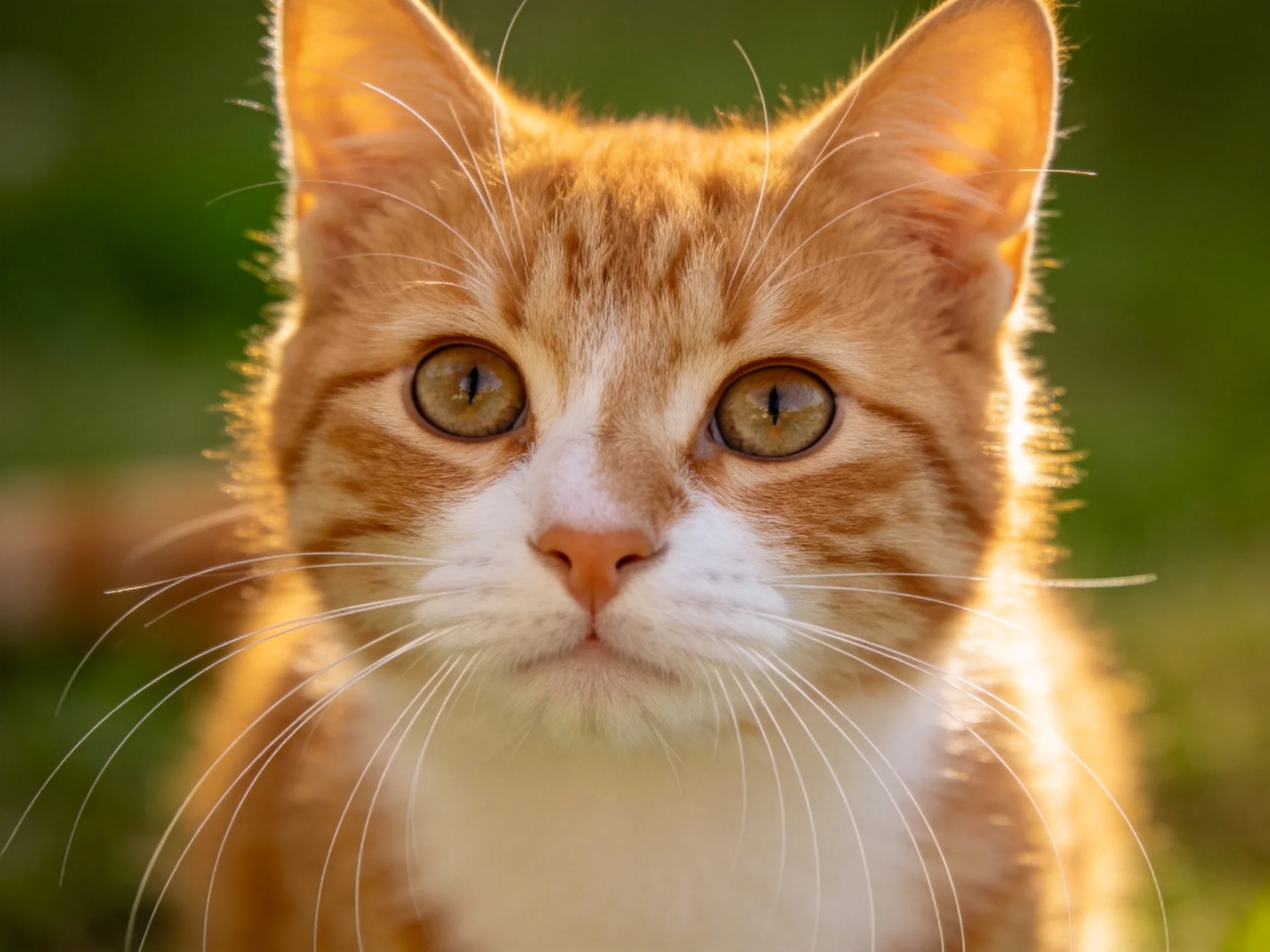 A close - up of an orange and white tabby cat with large green eyes focuses on its face.